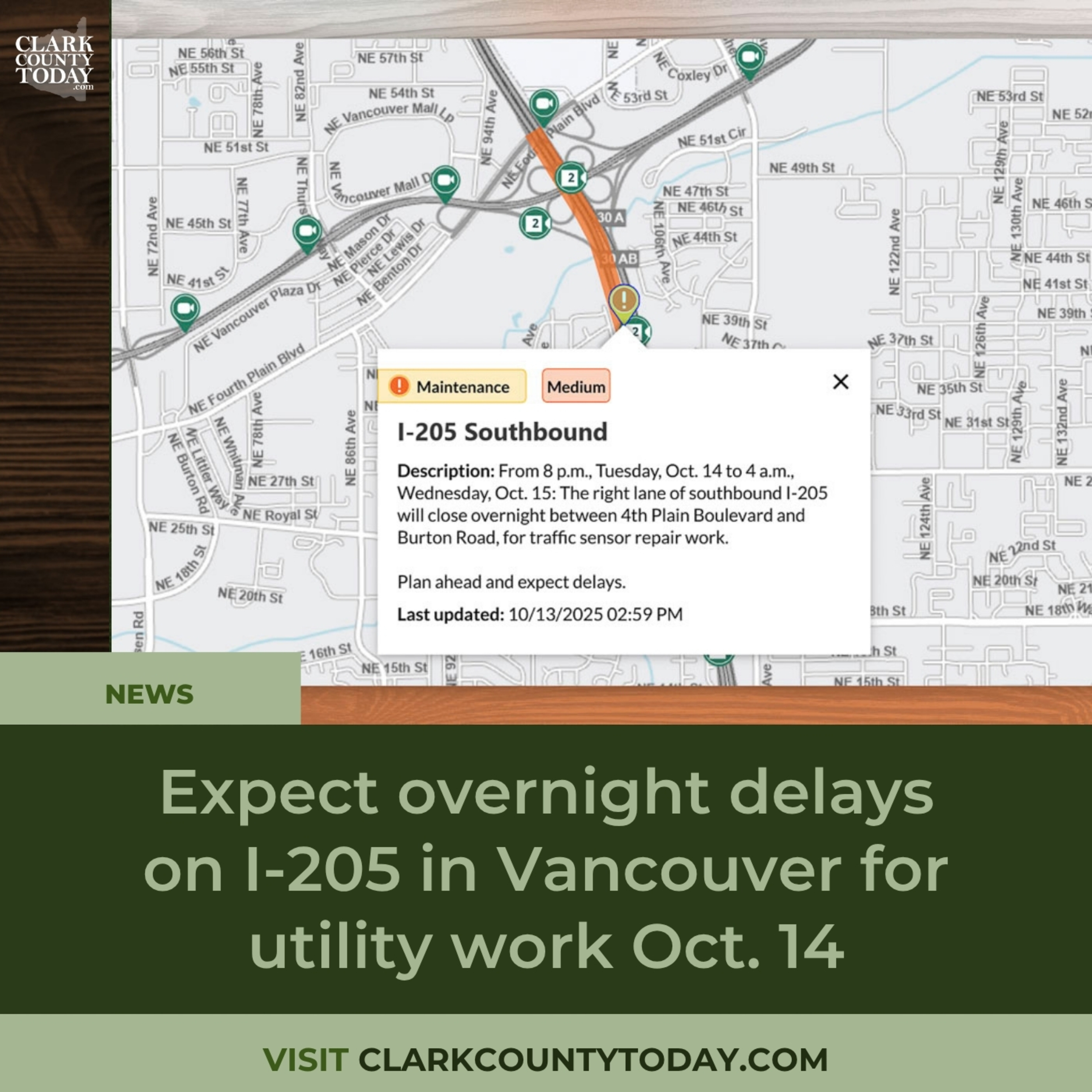 Expect overnight delays on I-205 in Vancouver for utility work Oct. 14