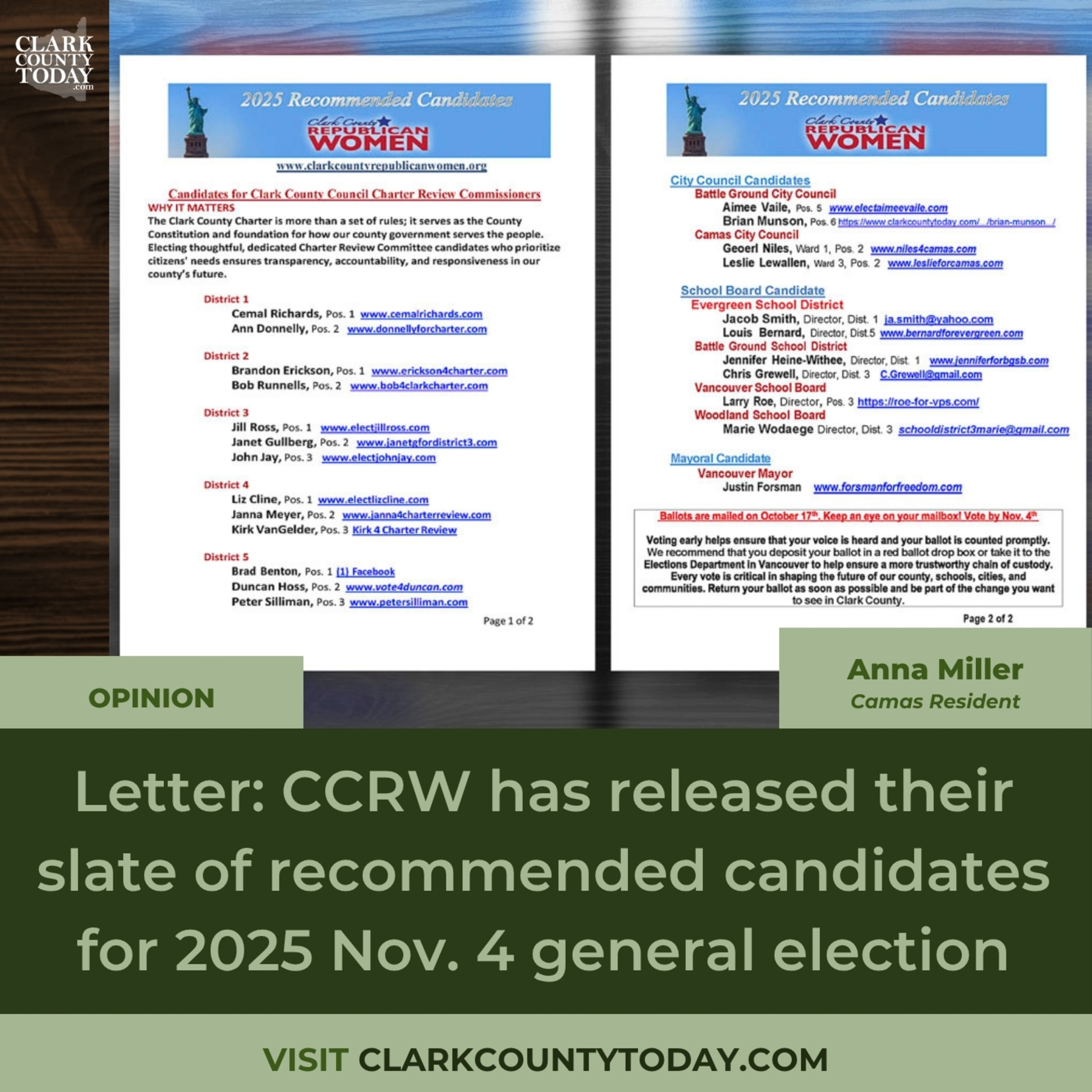 Letter: CCRW has released their slate of recommended candidates for 2025 Nov. 4 general election