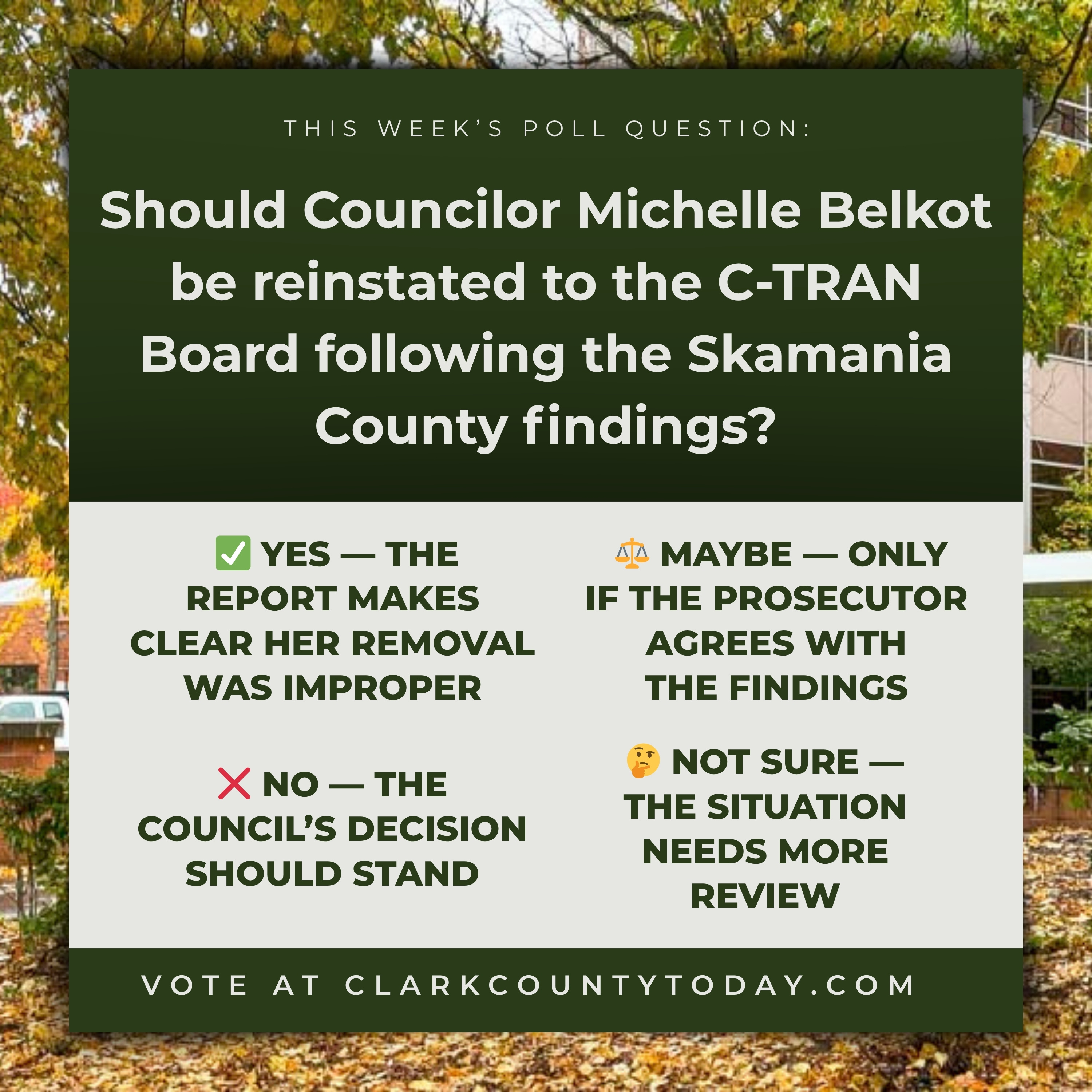 POLL: Should Councilor Michelle Belkot be reinstated to the C-TRAN Board following the Skamania County findings?