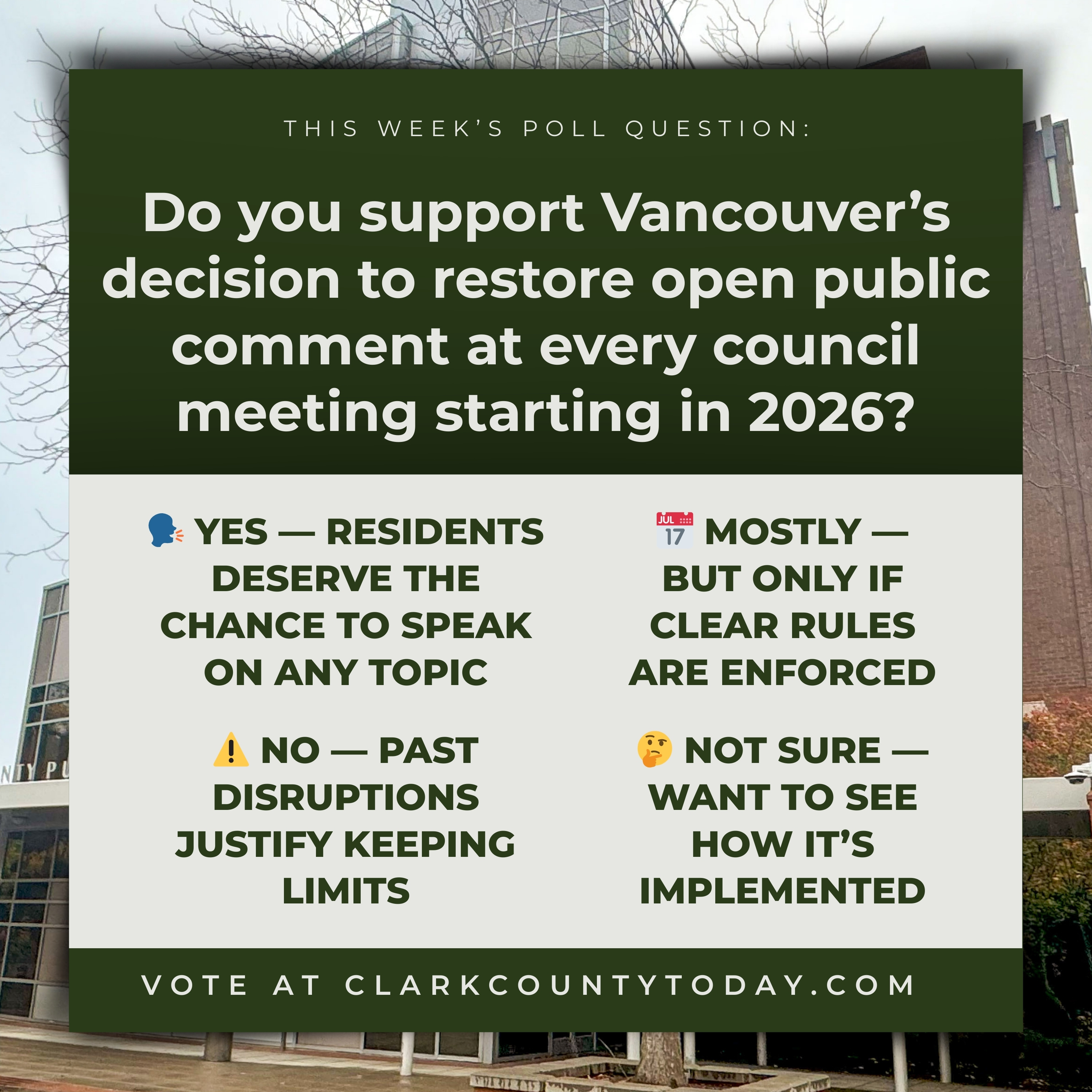 POLL: Do you support Vancouver’s decision to restore open public comment at every council meeting starting in 2026?