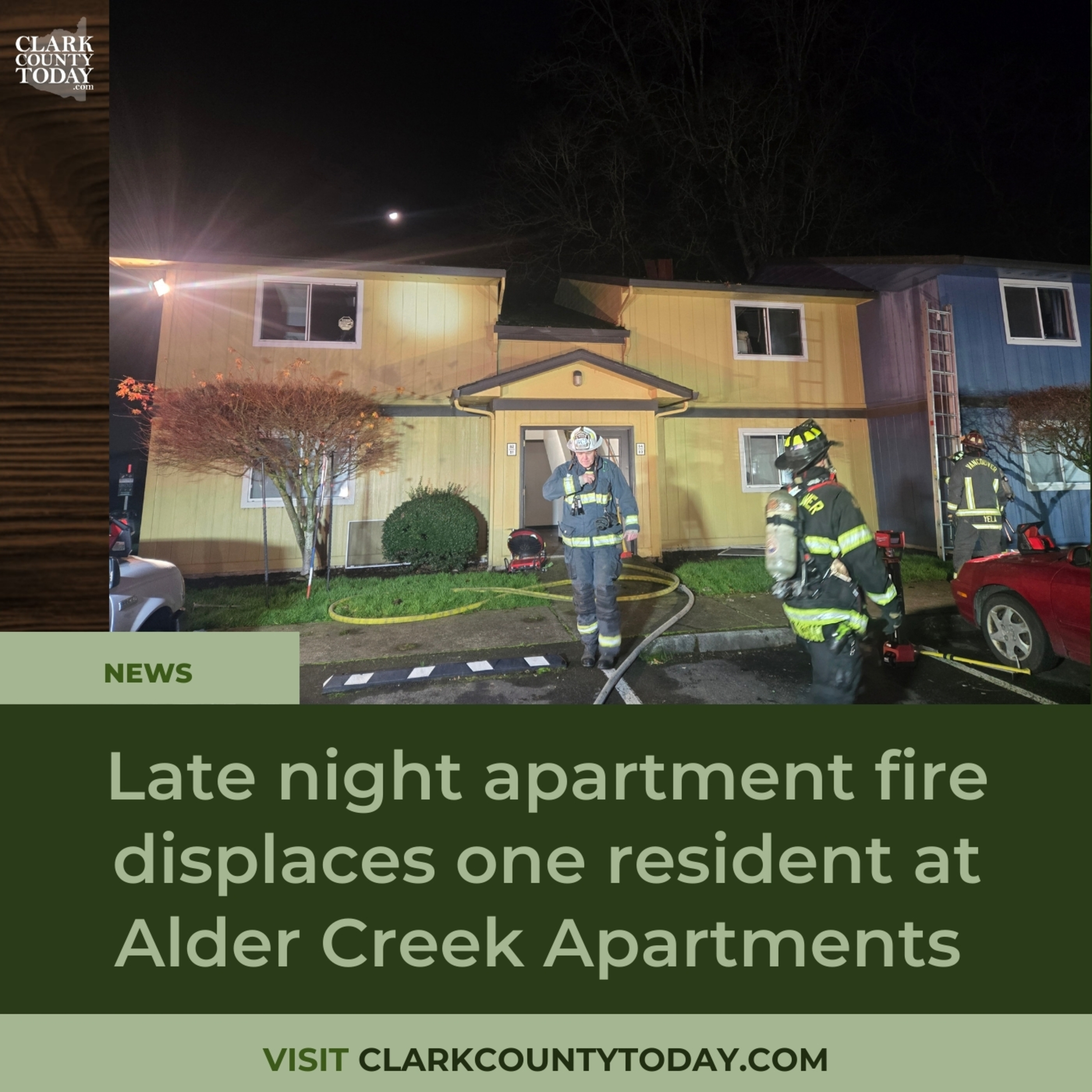 Late night apartment fire displaces one resident at Alder Creek Apartments