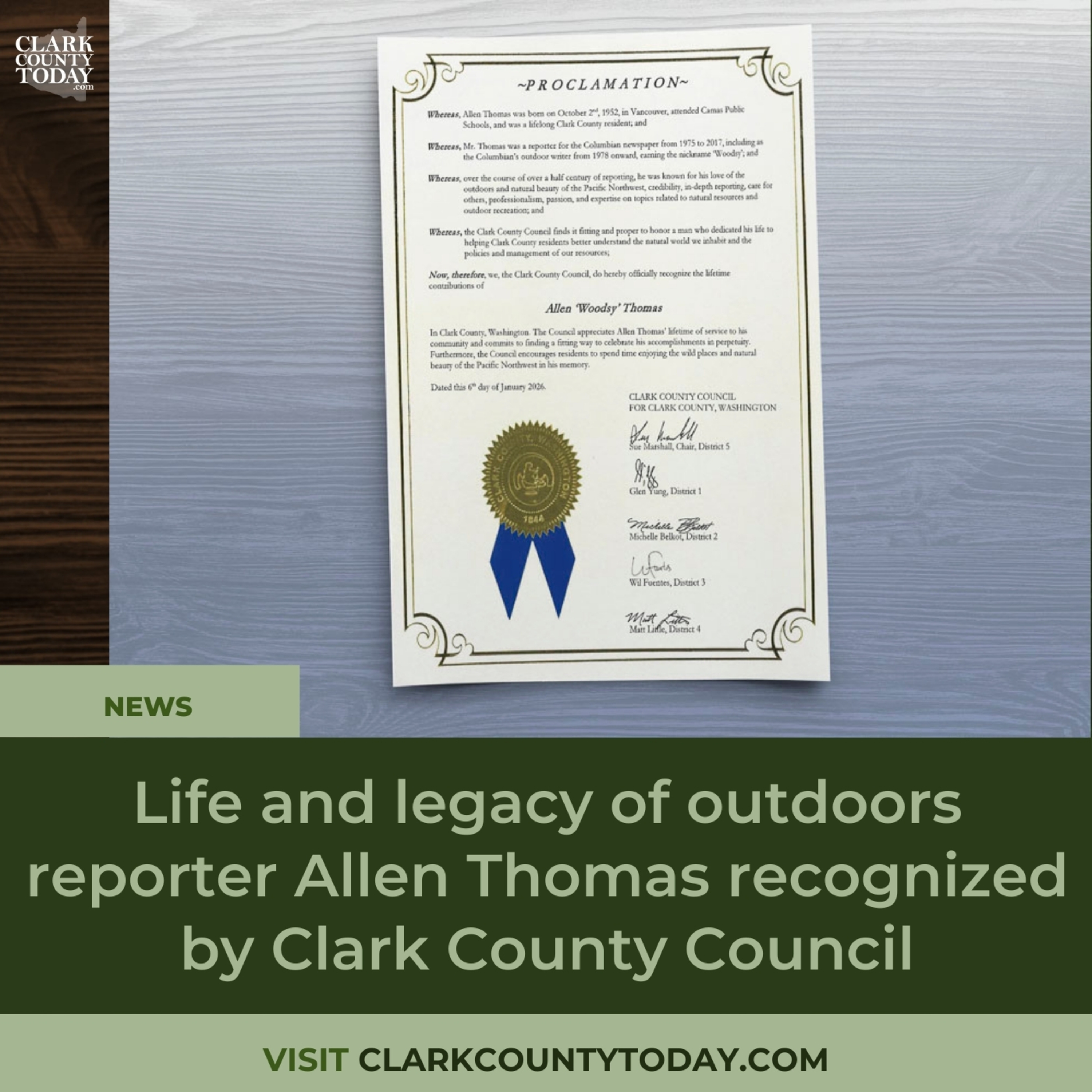 Life and legacy of outdoors reporter Allen Thomas recognized by Clark County Council