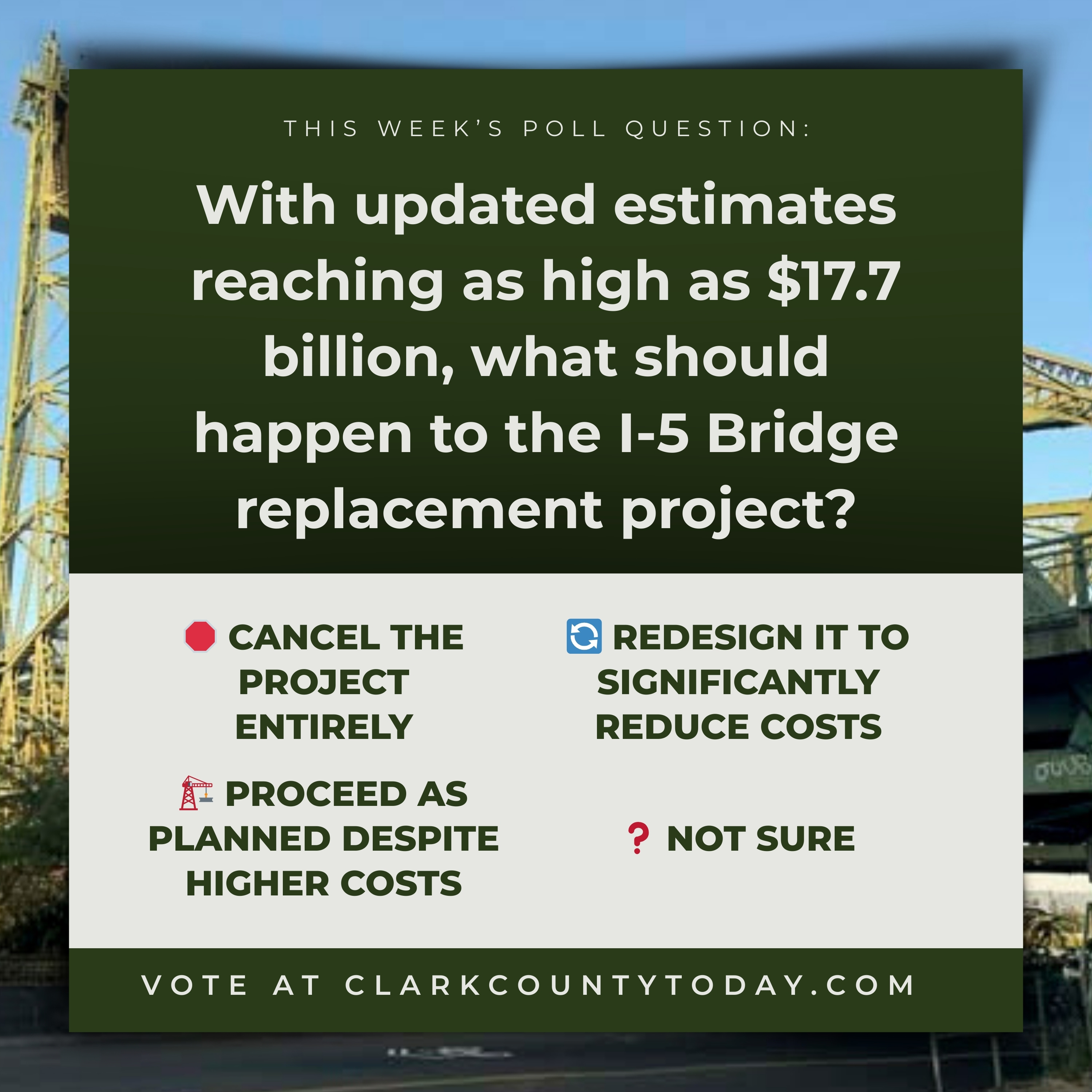 POLL: With updated estimates reaching as high as $17.7 billion, what should happen to the I-5 Bridge replacement project?
