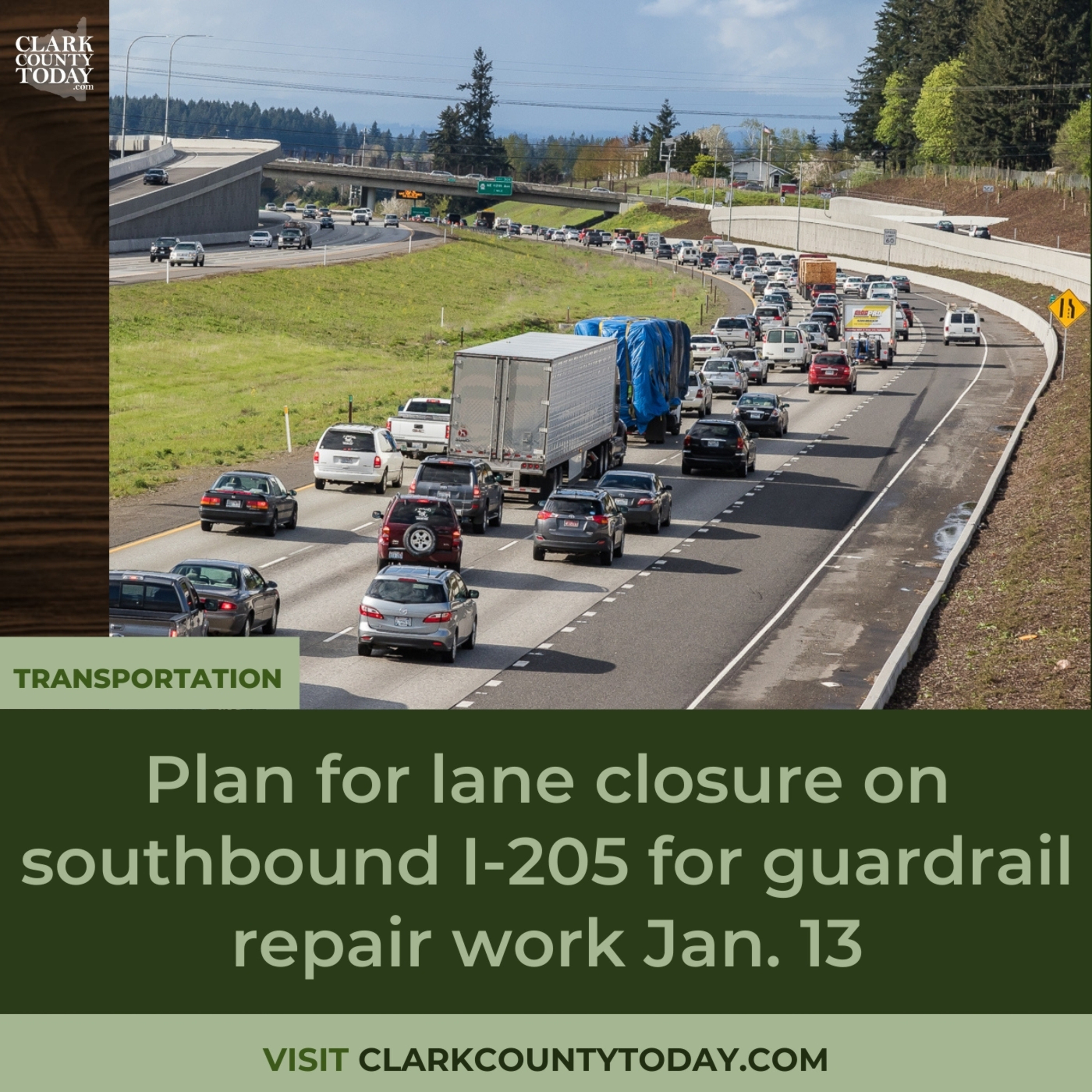 Plan for lane closure on southbound I-205 for guardrail repair work Jan. 13