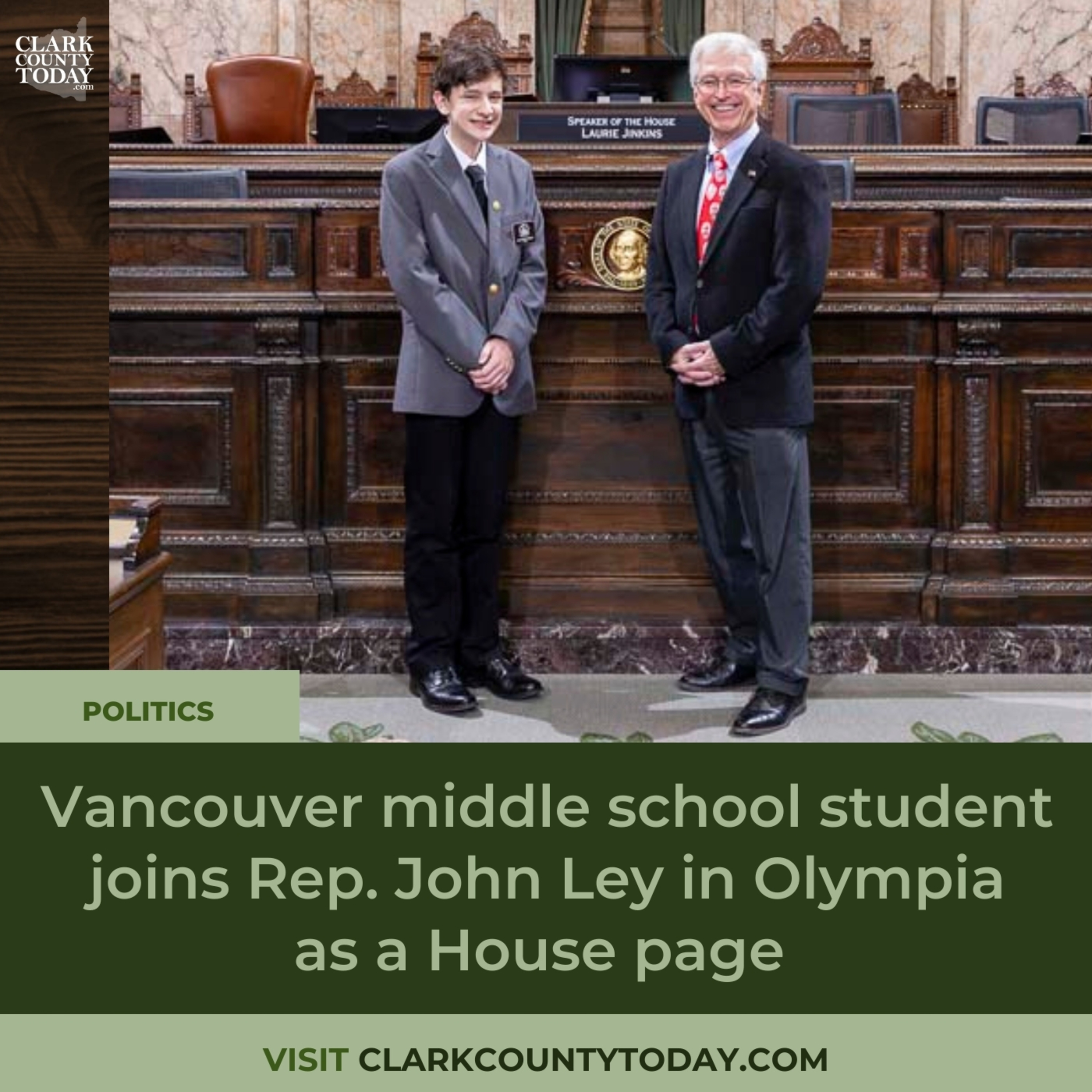 Vancouver middle school student joins Rep. John Ley in Olympia as a House page