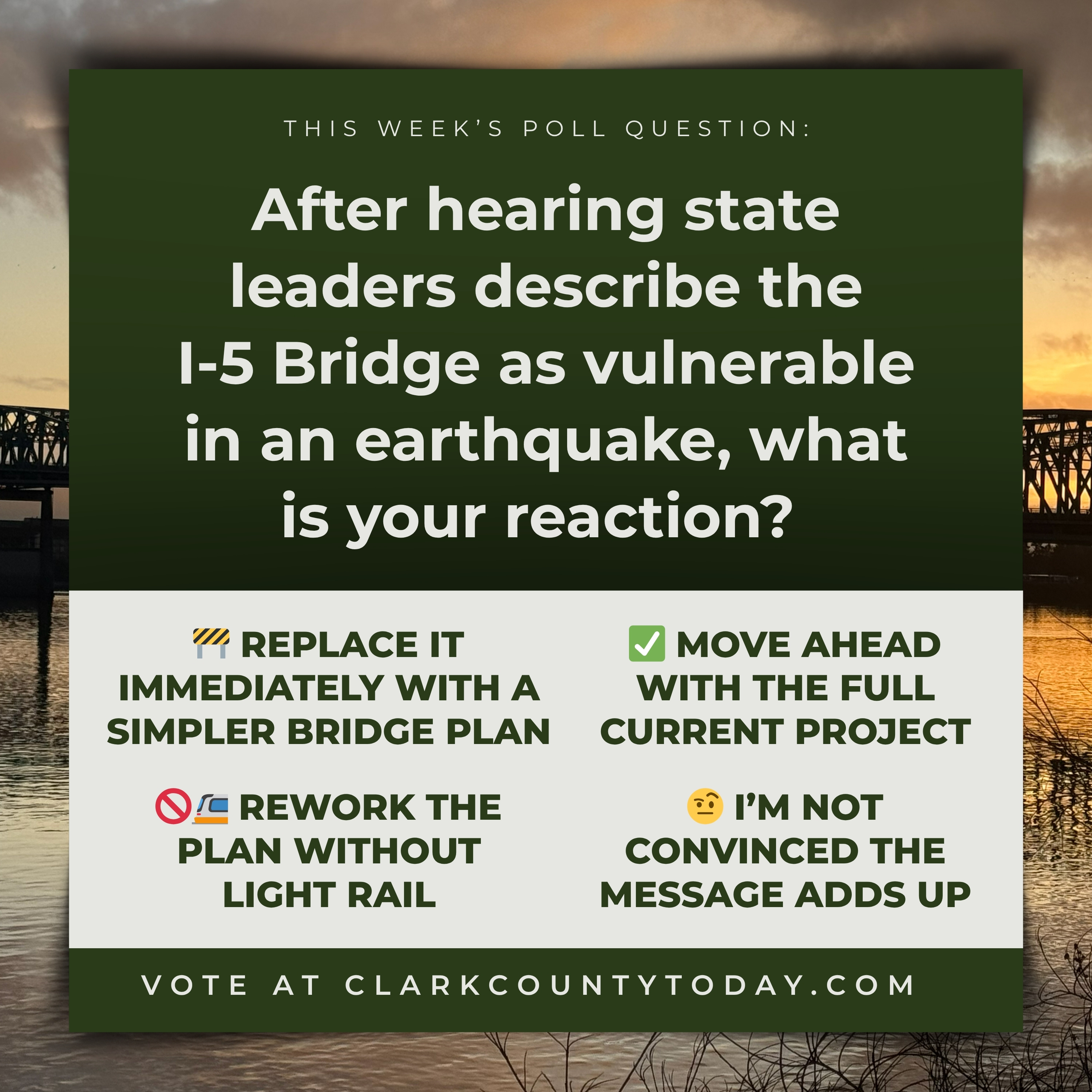 POLL: After hearing state leaders describe the I-5 Bridge as vulnerable in an earthquake, what is your reaction?
