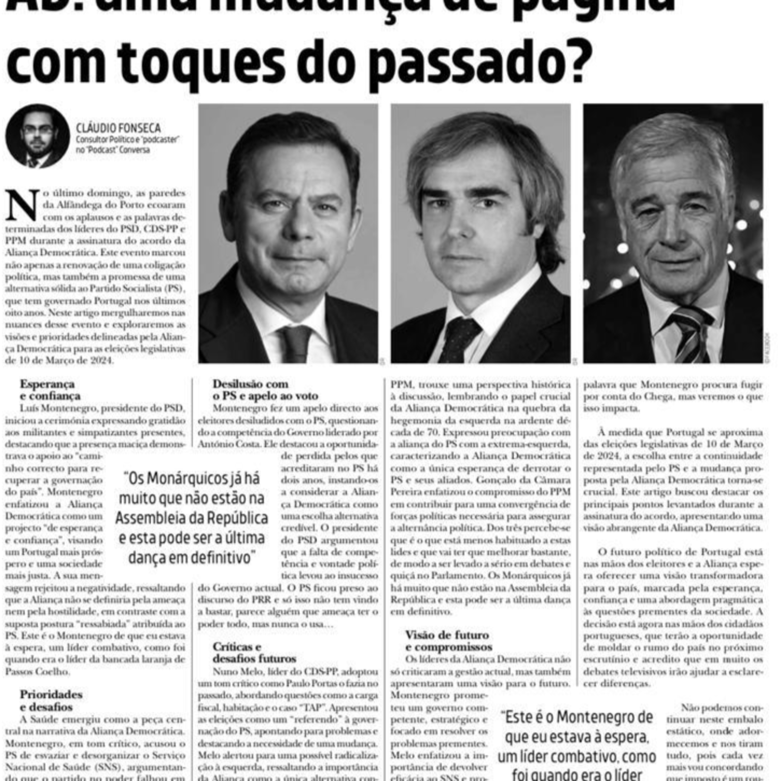 A Aliança Democrática: Uma Mudança de Página para Portugal, com toques do Passado? - Artigo Jornal O Diabo