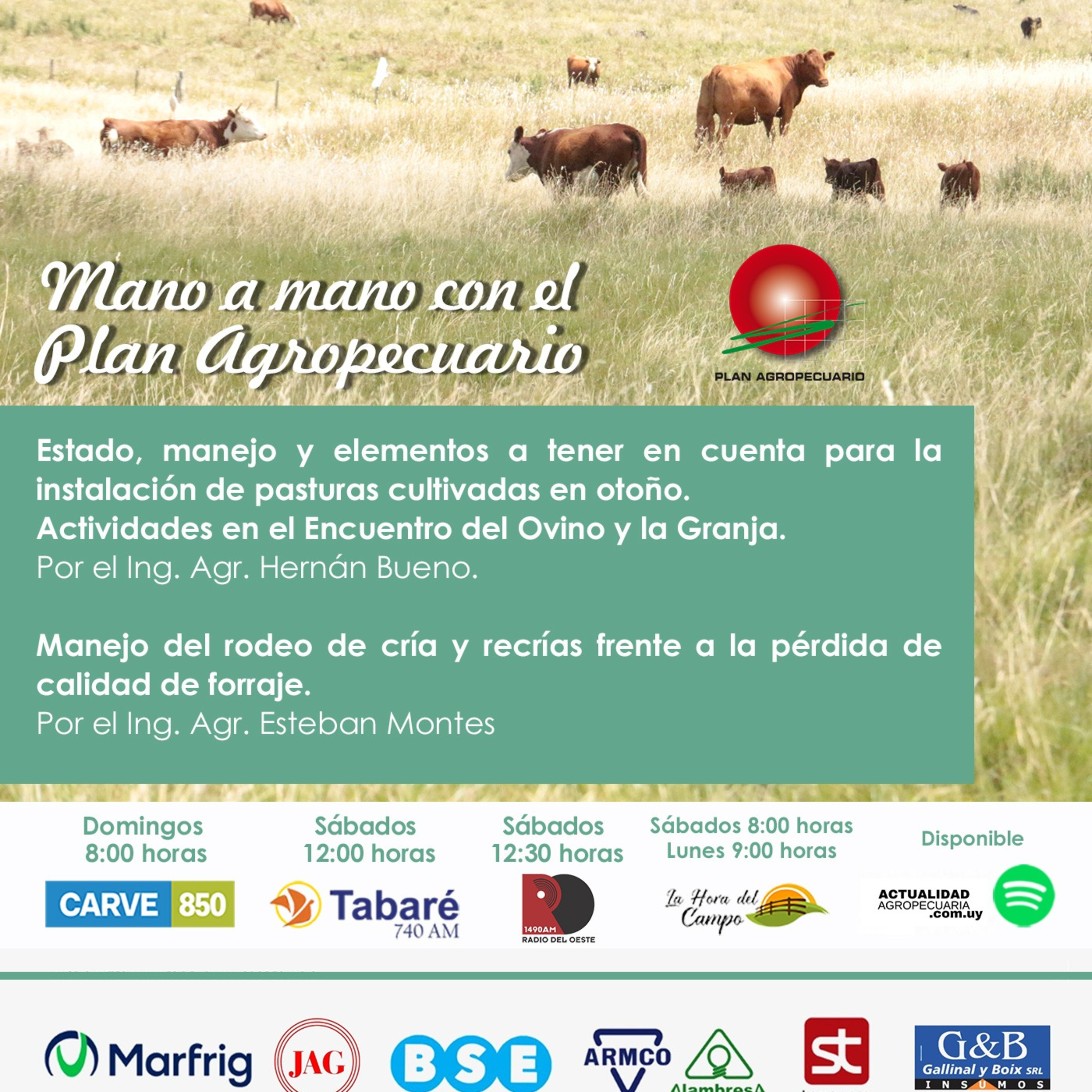 Instalación de pasturas cultivadas de otoño. Actividades Encuentro del Ovino/Granja. Rodeo de cría y recrías.