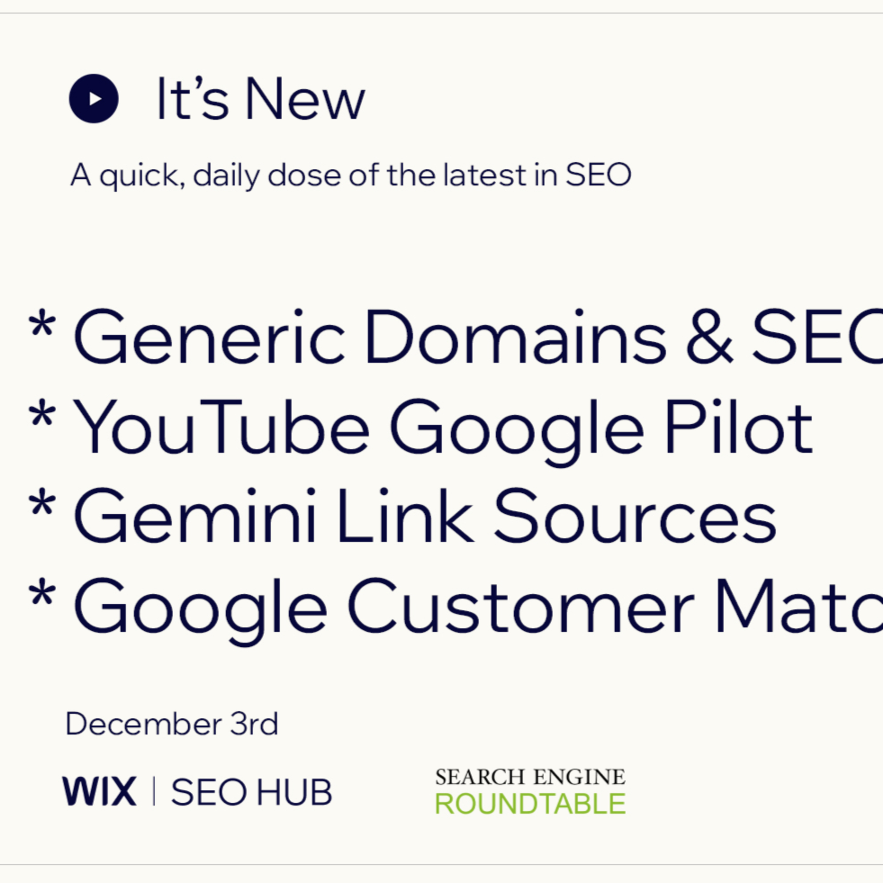 It’s New 12/3: Google Generic Domain SEO, YouTube Pilot, Customer Match & Gemini Links episode artwork
