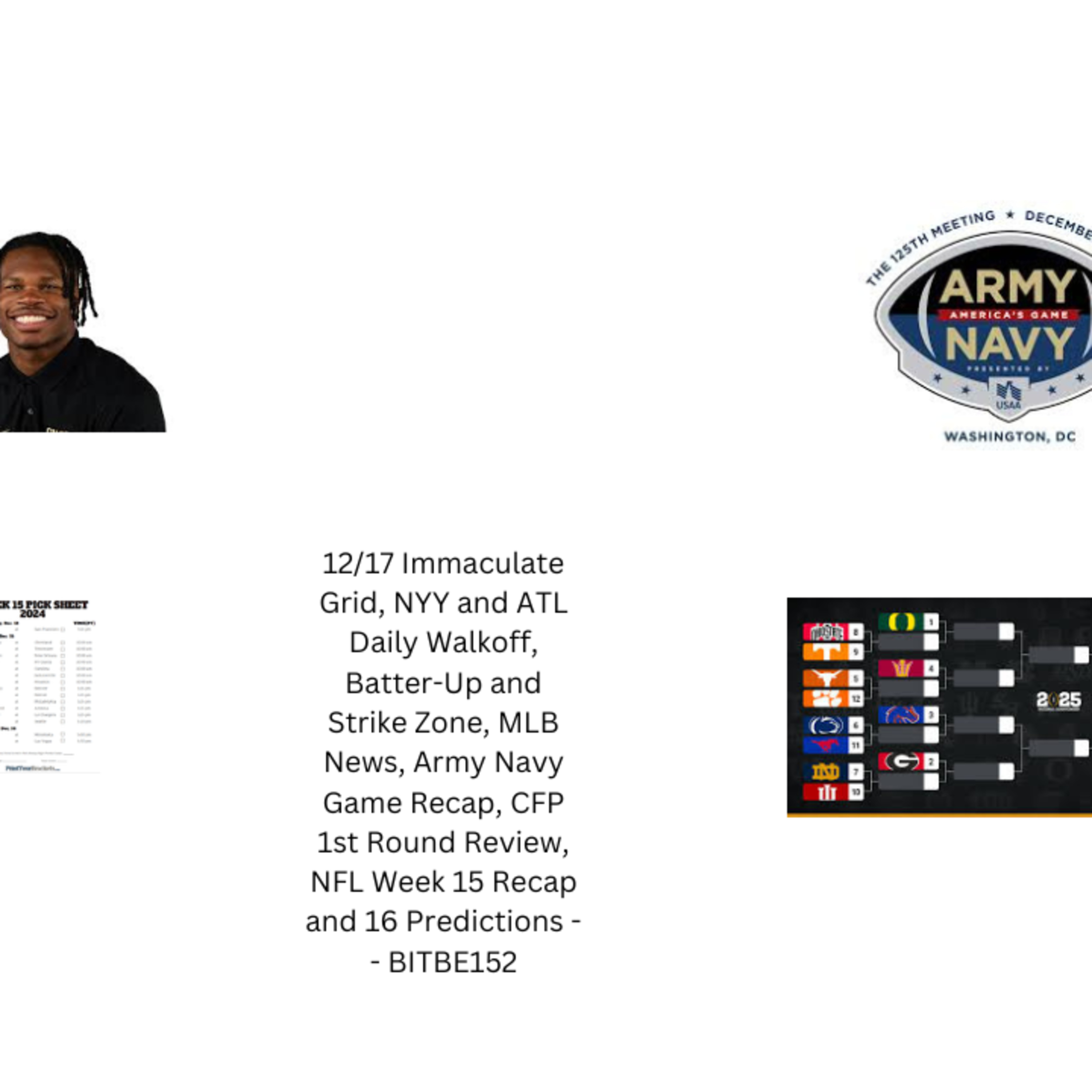 12/17 Immaculate Grid, ATL NYY Daily Walkoff, Batter-Up and Strike Zone, MLB News, 2025 Army Navy Game Recap, CFP 1st Round Preview, NFL Week 15 Recap and 16 Predictions episode artwork