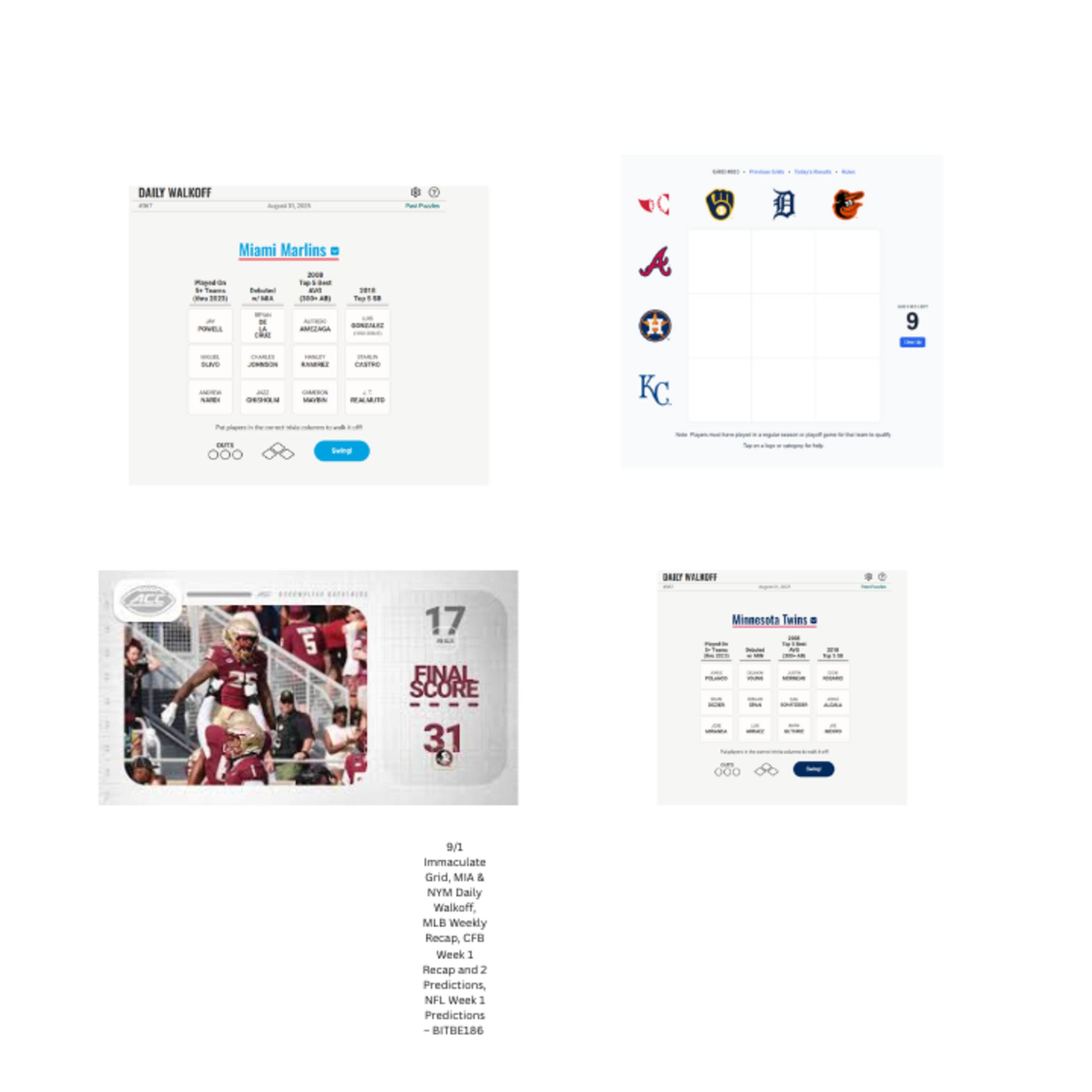 9/1 Immaculate Grid, MIA & MIN Daily Walkoff, MLB Weekly Recap, CFB Week 1 Recap and 2 Preview, NFL Week 1 Predictions episode artwork