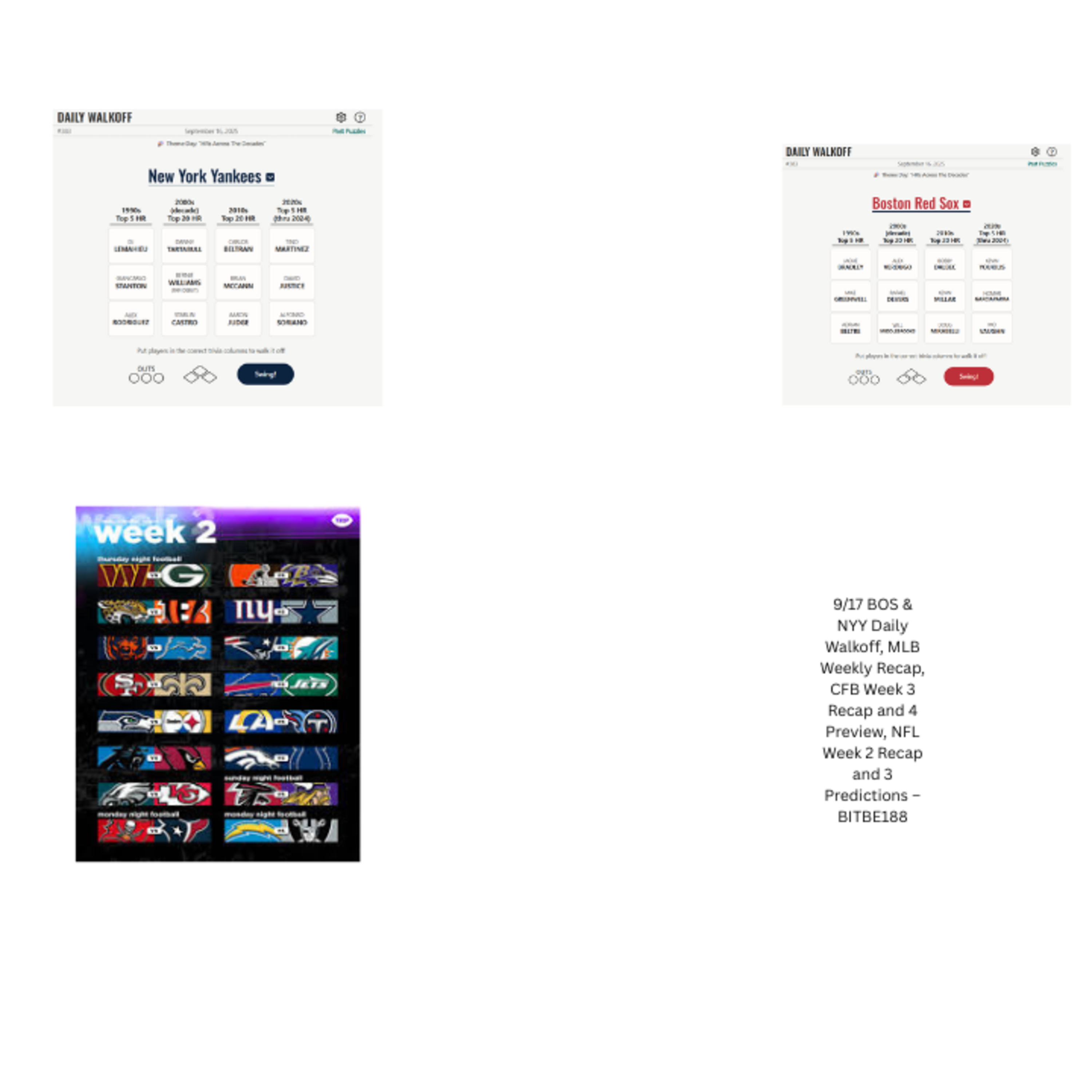 9/17 BOS & NYY Daily Walkoff, MLB Weekly Recap, CFB Week 3 Recap and 4 Preview, NFL Week 2 Recap and 3 Predictions episode artwork