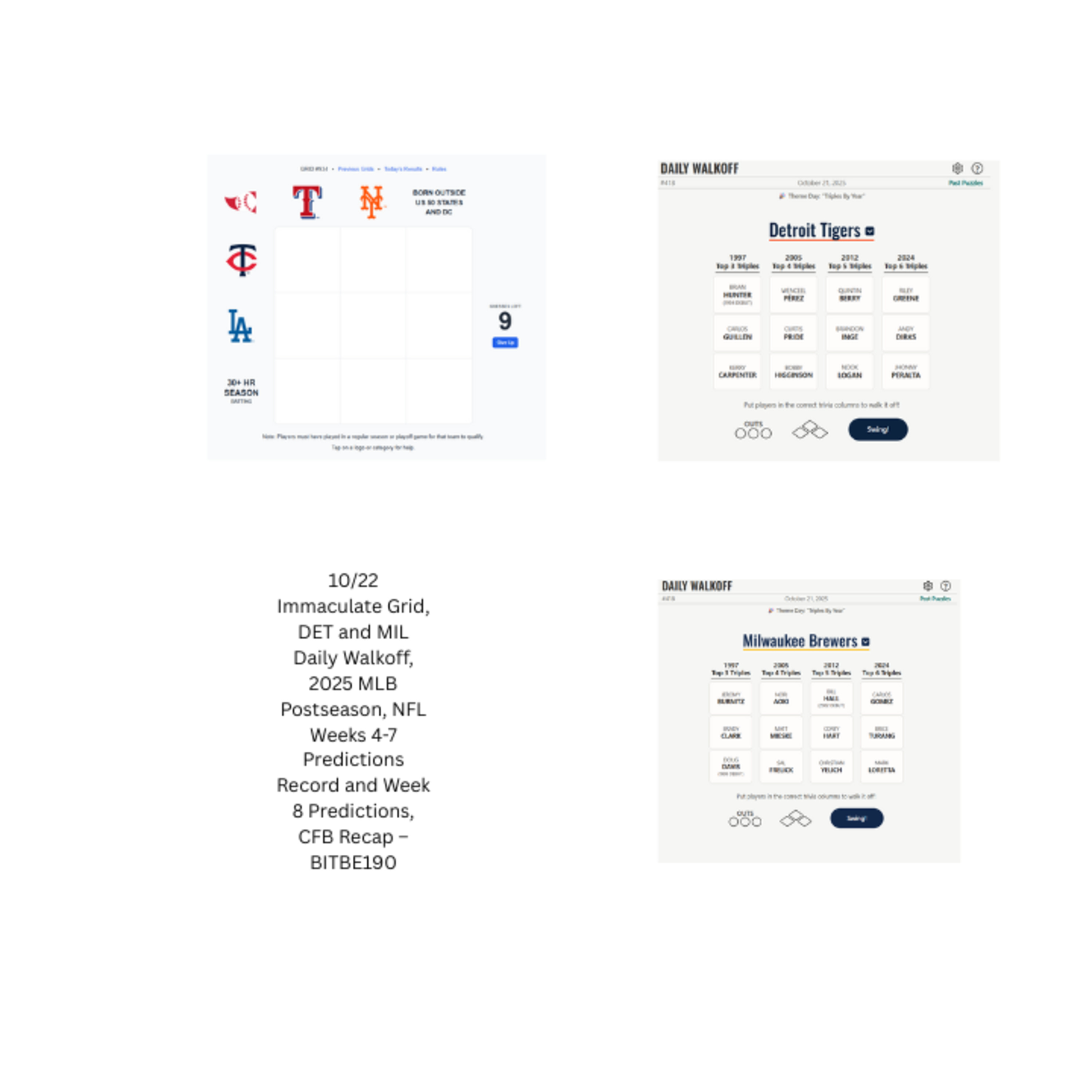 10/22 Immaculate Grid DET and MIL Daily Walkoff, 2025 MLB Postseason, NFL Weeks 5-7 Predictions Results and 8 Predictions, CFB Weeks 6-8 Recap and 9 Preview, Life Update episode artwork