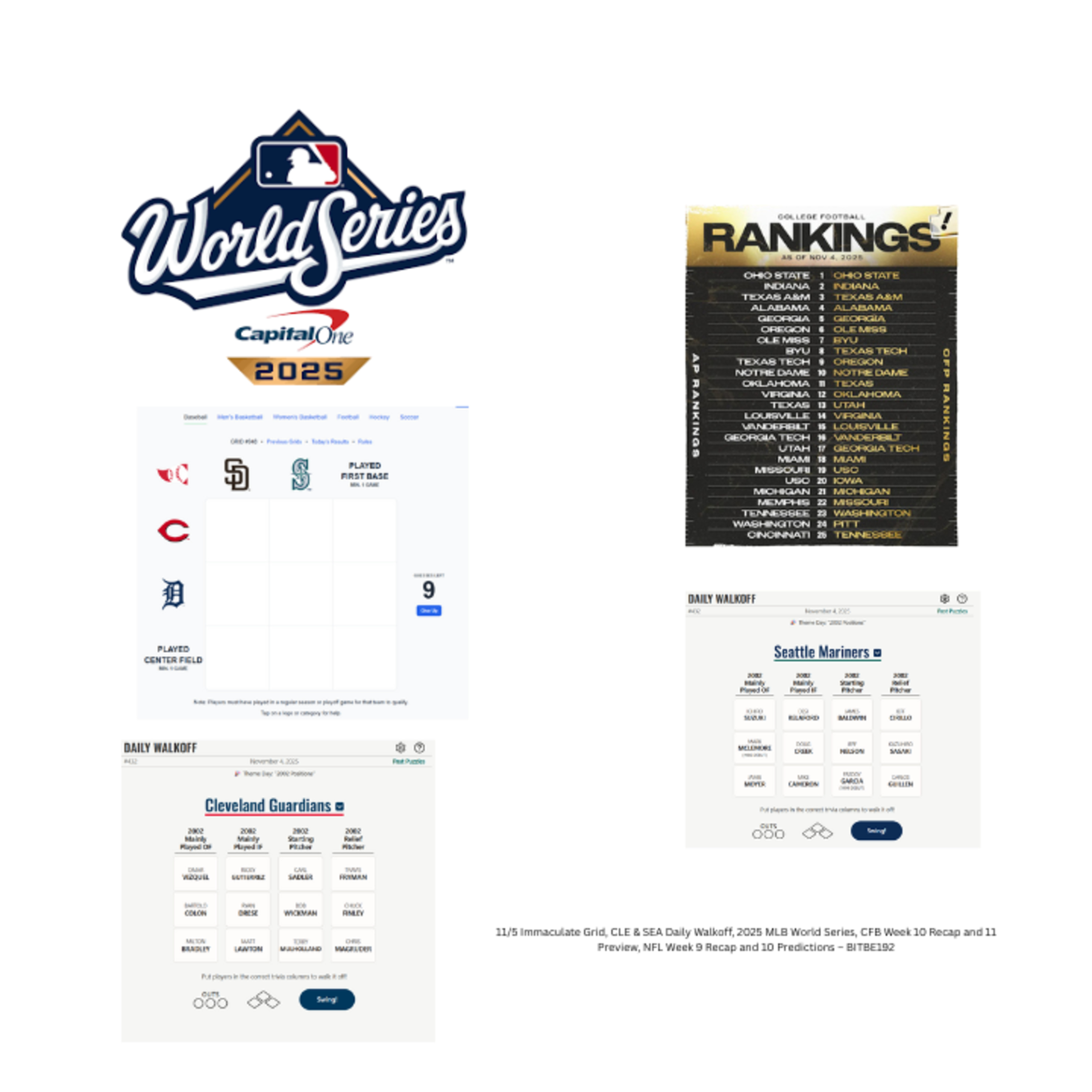 11/5 Immaculate Grid, CLE and SEA Daily Walkoff, 2025 MLB World Series, CFB Week 10 Recap & 11 Preview & 1st CFP Rankings, NFL Week 9 Recap and 10 Predictions 11/5 Immaculate Grid, CLE and SEA Daily Walkoff, 2025 MLB World Series, CFB Week 10 Recap & 11 Preview & 1st CFP Rankings, NFL Week 9 Recap and 10 Predictions