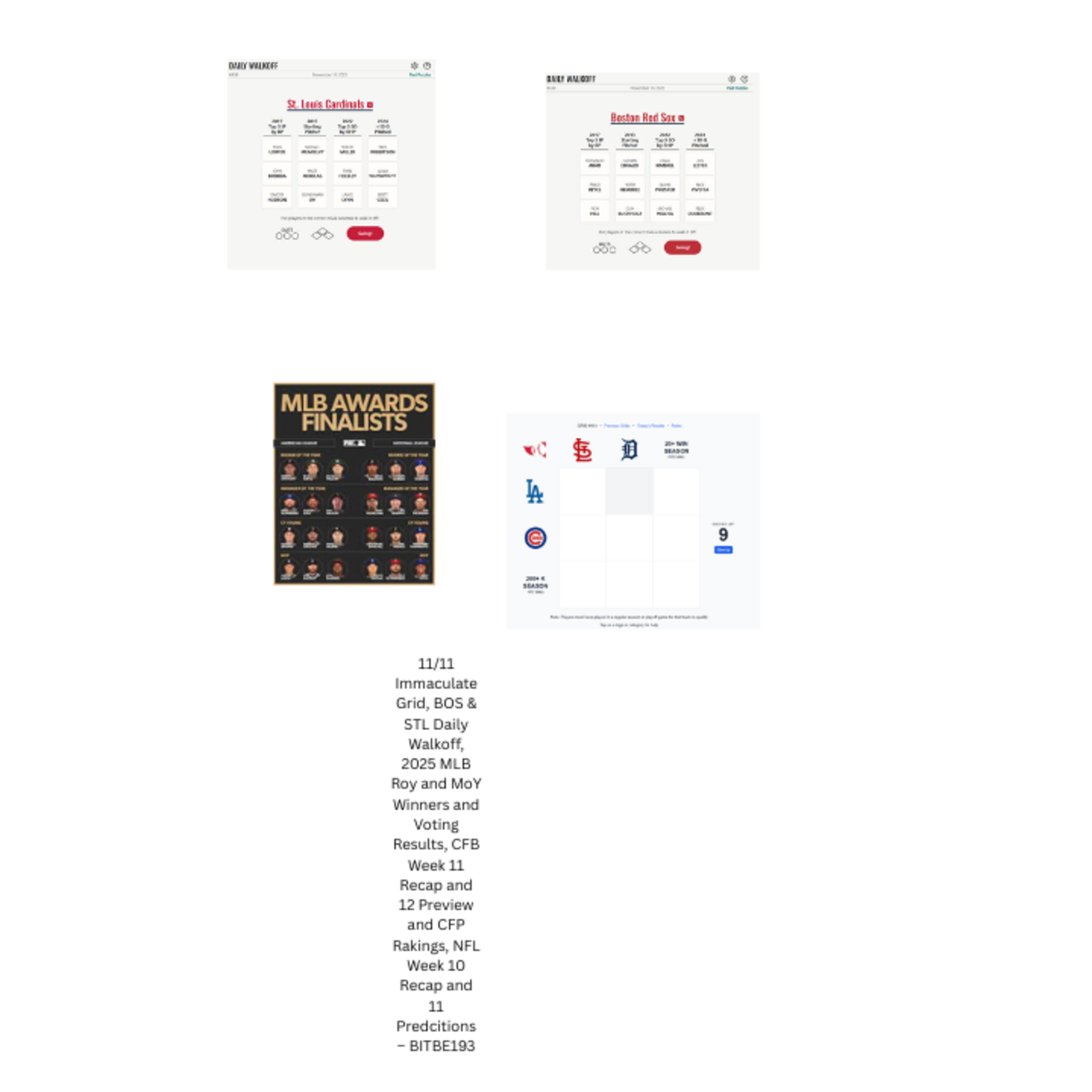 11/11 Immaculate Grid, BOS & STL Daily Walkoff, 2025 MLB Awards Results, CFB Week 11 Recap & 12 Preview & CFP Rankings, NFL Week 10 Recap and 11 Predictions episode artwork