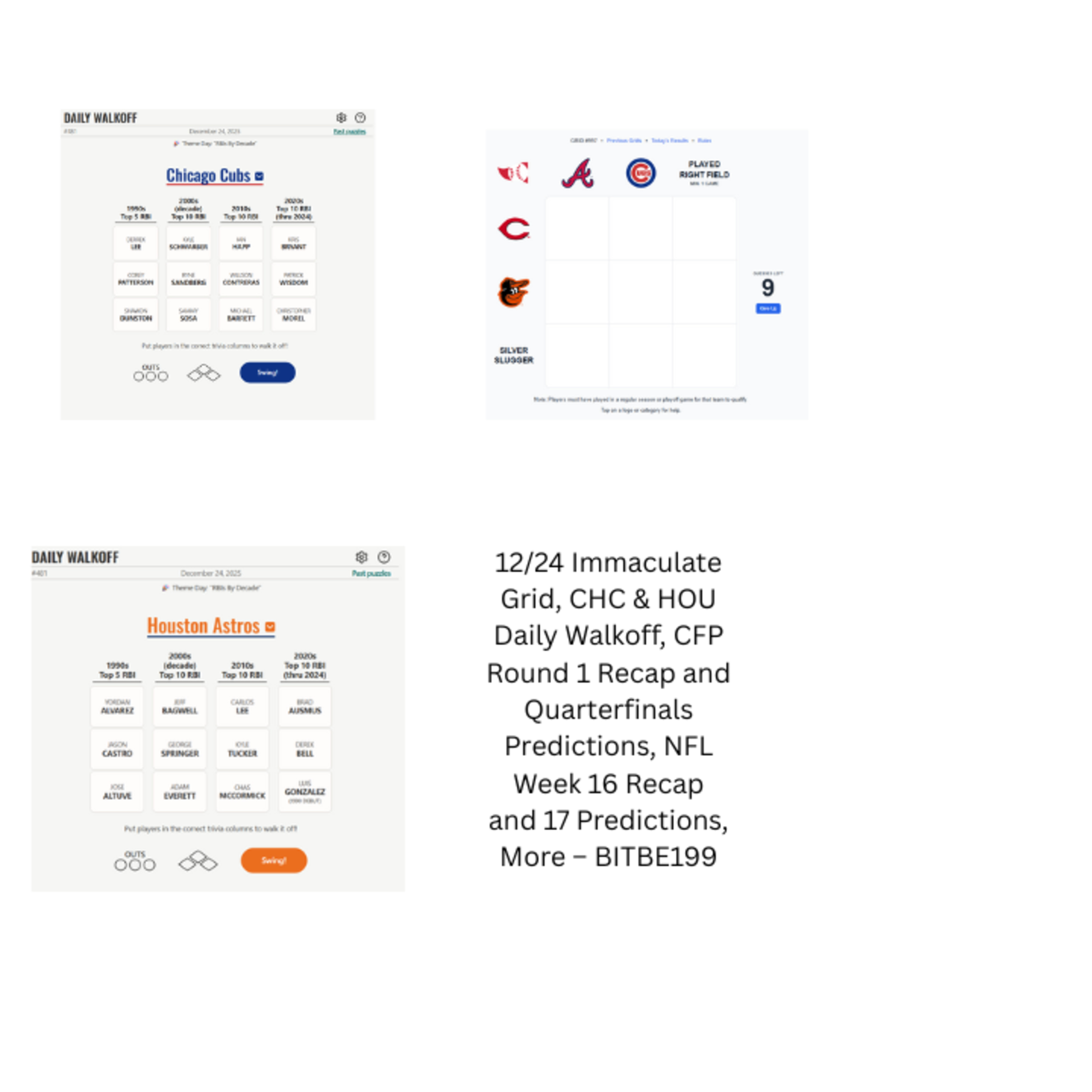 12/24 Immaculate Grid, CHC & HOU Daily Walkoff, CFP R1 Recap and Quarterfinals Predictions, NFL Week 16 Recap & 17 Predictions, More  episode artwork