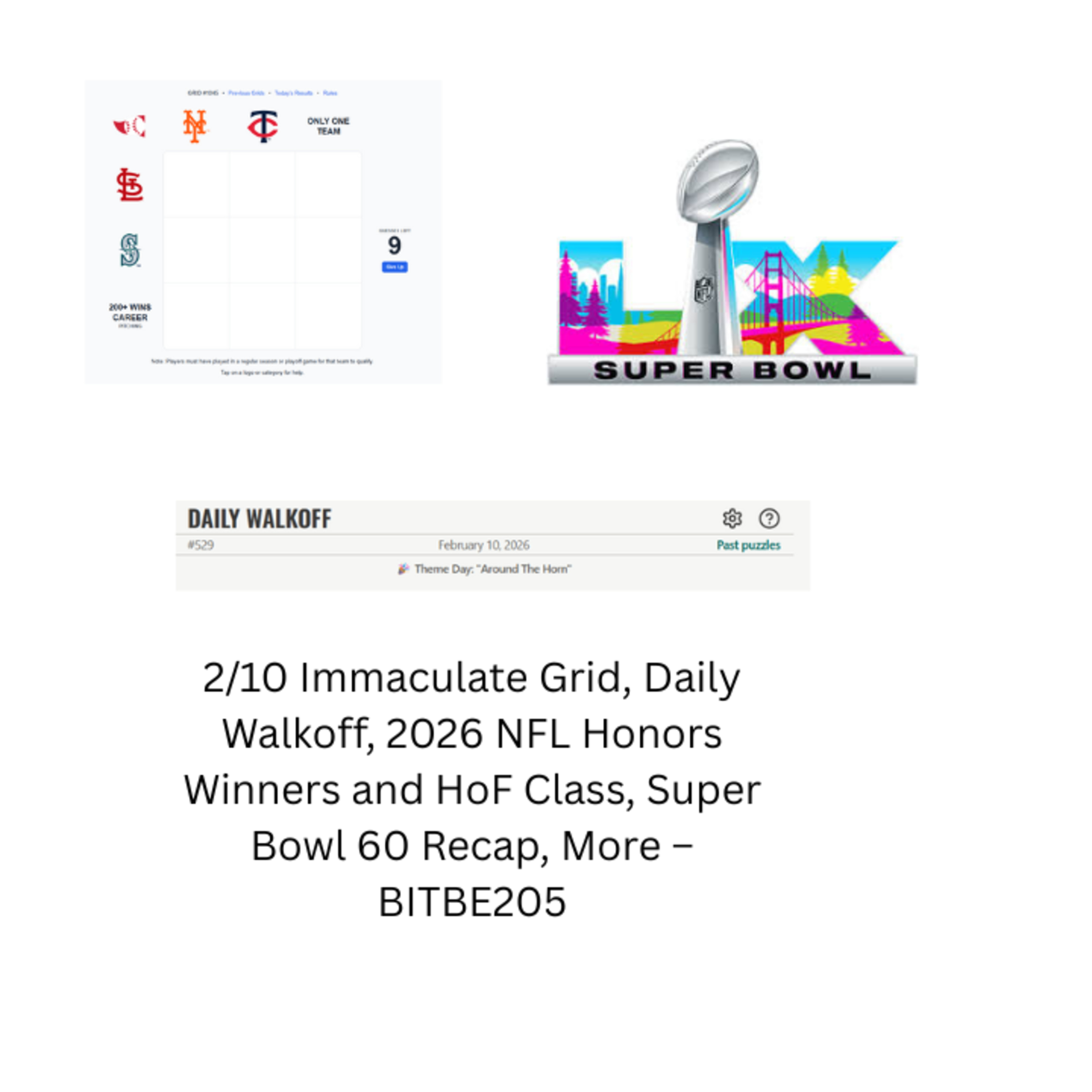 2/10 Immaculate Grid, Daily Walkoff, 2026 NFL Honors Winners and Hall of Fame, Super Bowl 60 Recap, More episode artwork
