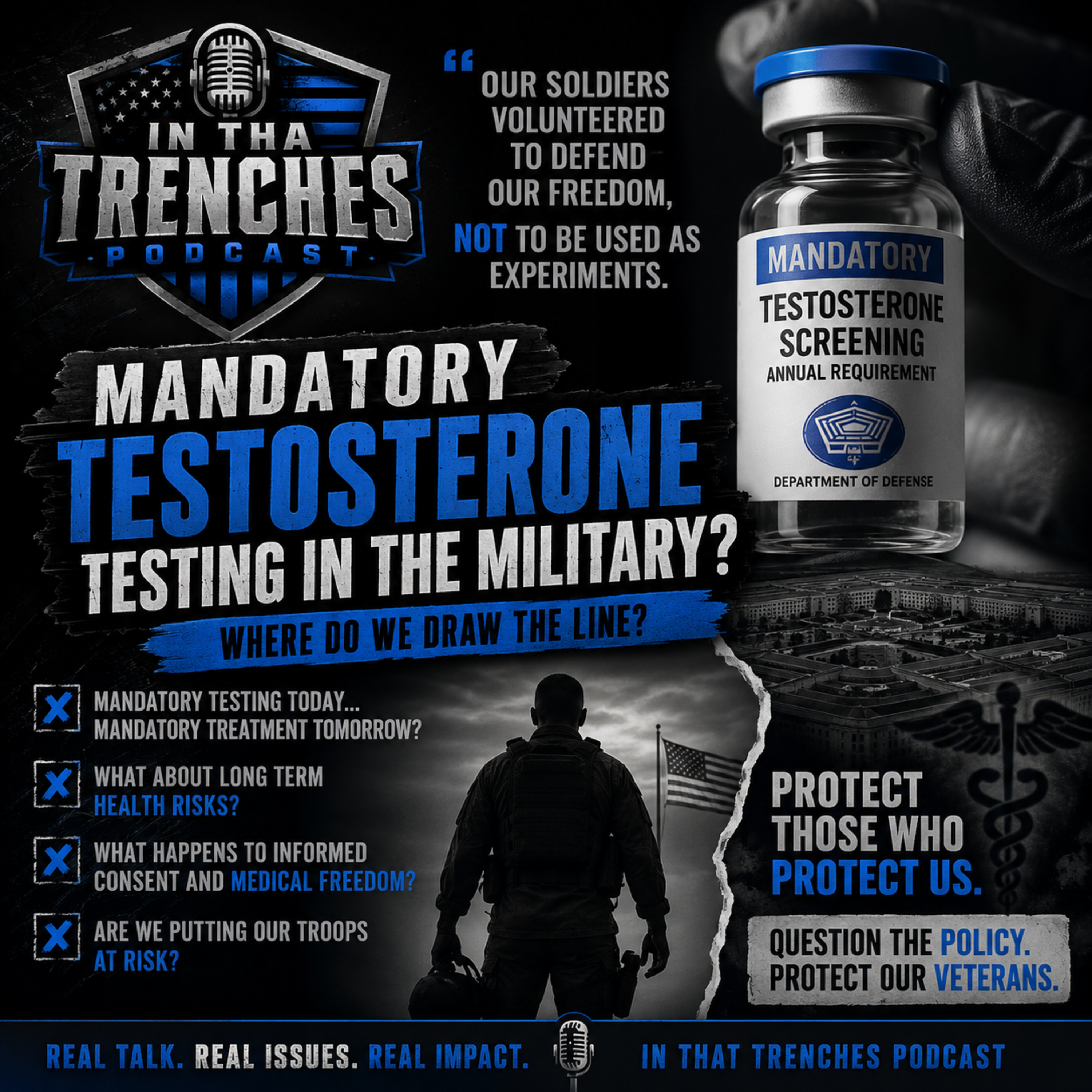 Episode 131: Mandatory Annual Testosterone Testing in the Military: Protecting Veterans' Rights or Government Overreach? episode artwork