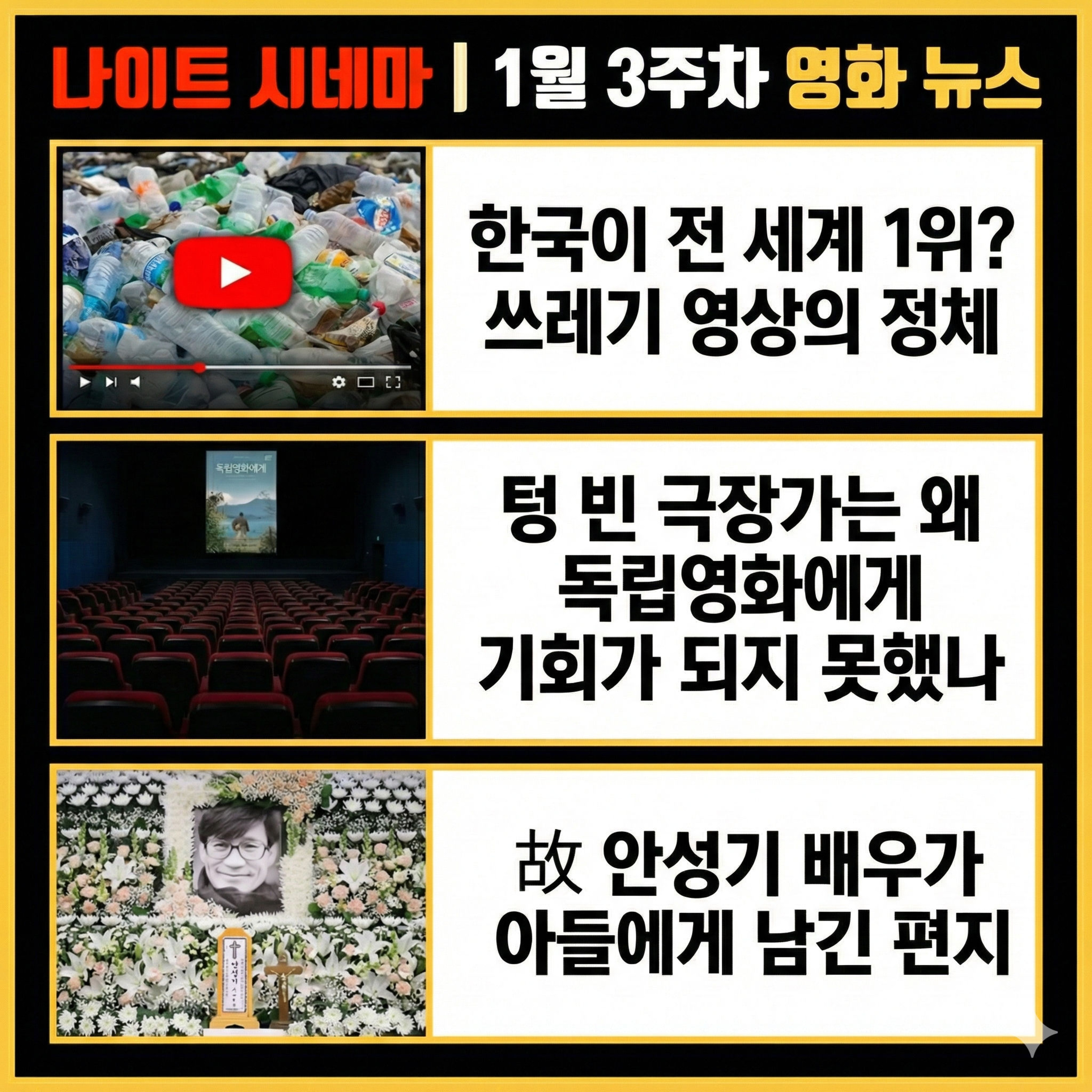 한국이 전 세계 1위? 쓰레기 영상의 정체 | 텅 빈 극장가는 왜 독립영화에게 기회가 되지 못했나 | 故 안성기 배우가 아들에게 남긴 마지막 편지 내용 | 1월 3주차 영화 소식 episode artwork