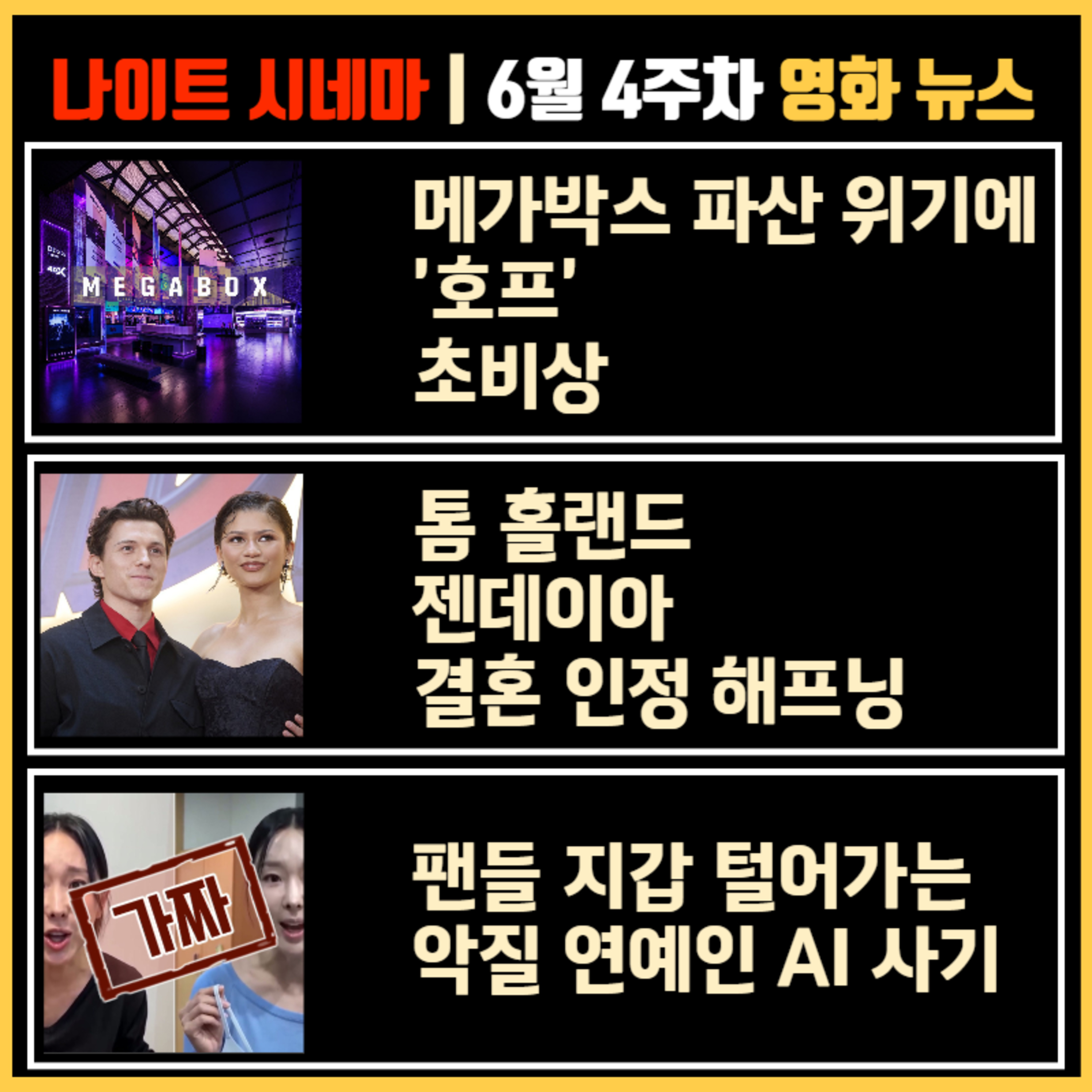 메가박스 파산 위기에 '호프' 초비상 | 톰 홀랜드, 젠데이아 결혼 인정 해프닝 | 팬들 지갑 털어가는 악질 연예인 AI 사기 | 6월 4주차 영화 소식 episode artwork