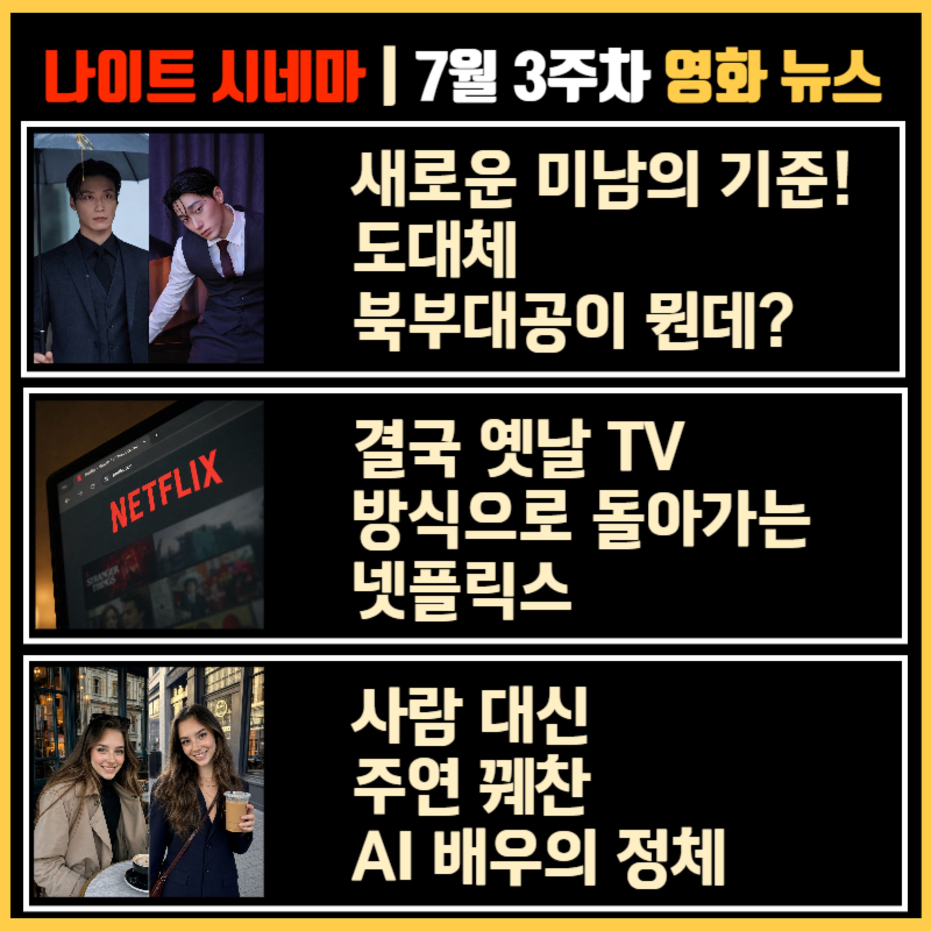 새로운 미남의 기준! 도대체 북부대공이 뭔데? | 결국 옛날 TV 방식으로 돌아가는 넷플릭스 | 사람 대신 주연 꿰찬 AI 배우의 정체 | 7월 3주차 영화 소식 episode artwork