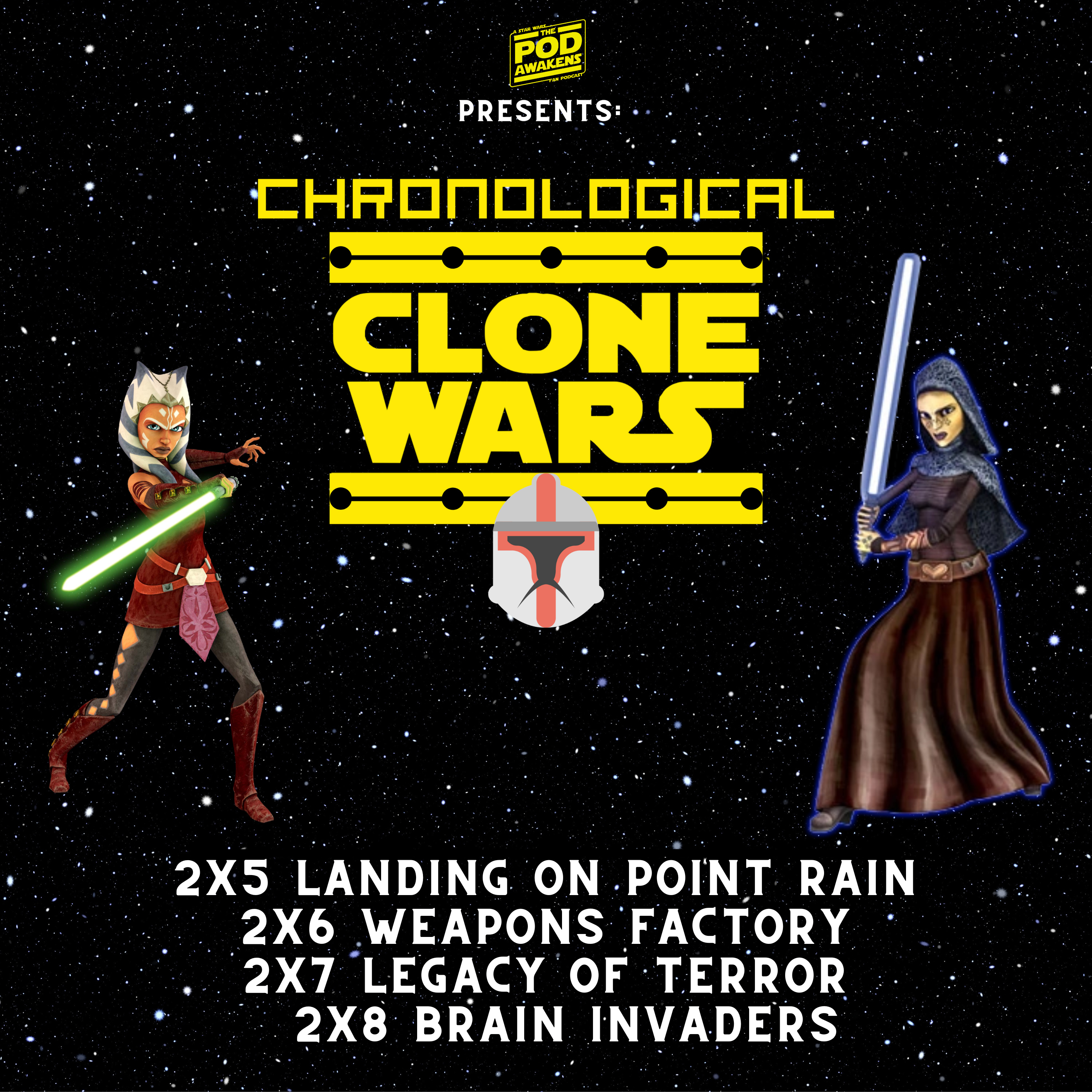 Chronological Clone Wars: 2x5 Landing on Point Rain, 2x6 Weapons Factory, 2x7 Legacy of Terror and 2x8 Brain Invaders episode artwork