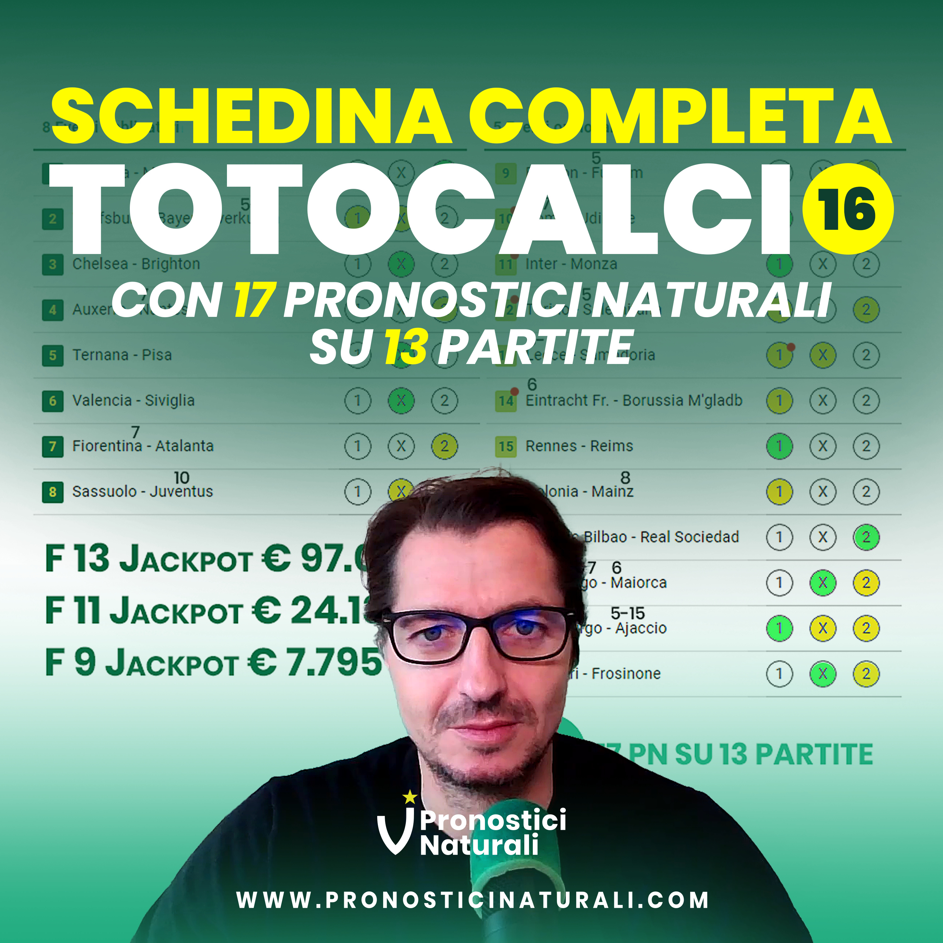 Totocalcio 16 con 3 Jackpot su formule 13/11/9 Schedina Completa + 17 Pronostici Naturali episode artwork