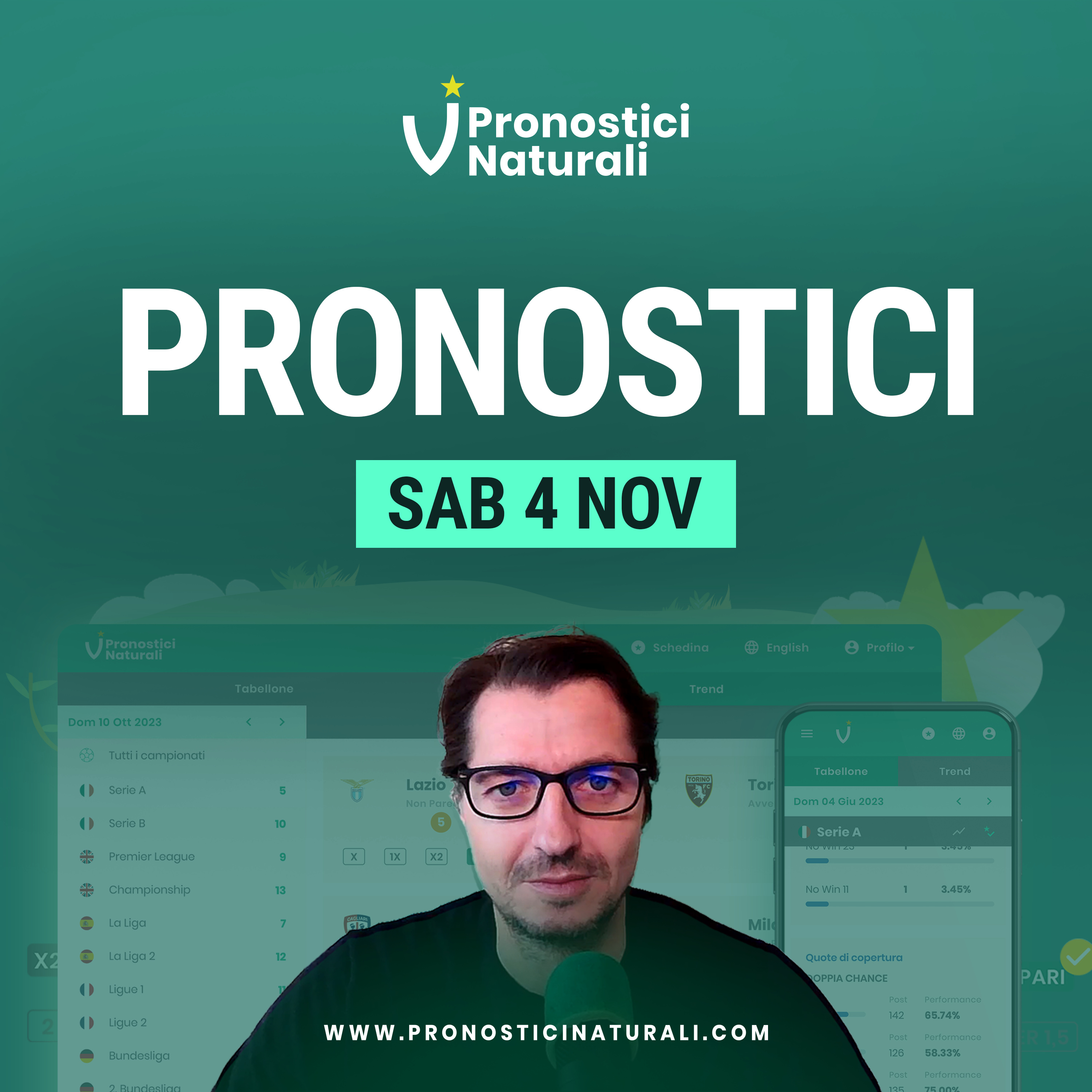 Tabellone Pronostici Naturali domani Sabato 4 Nov 2023 con approfondimenti trend episode artwork