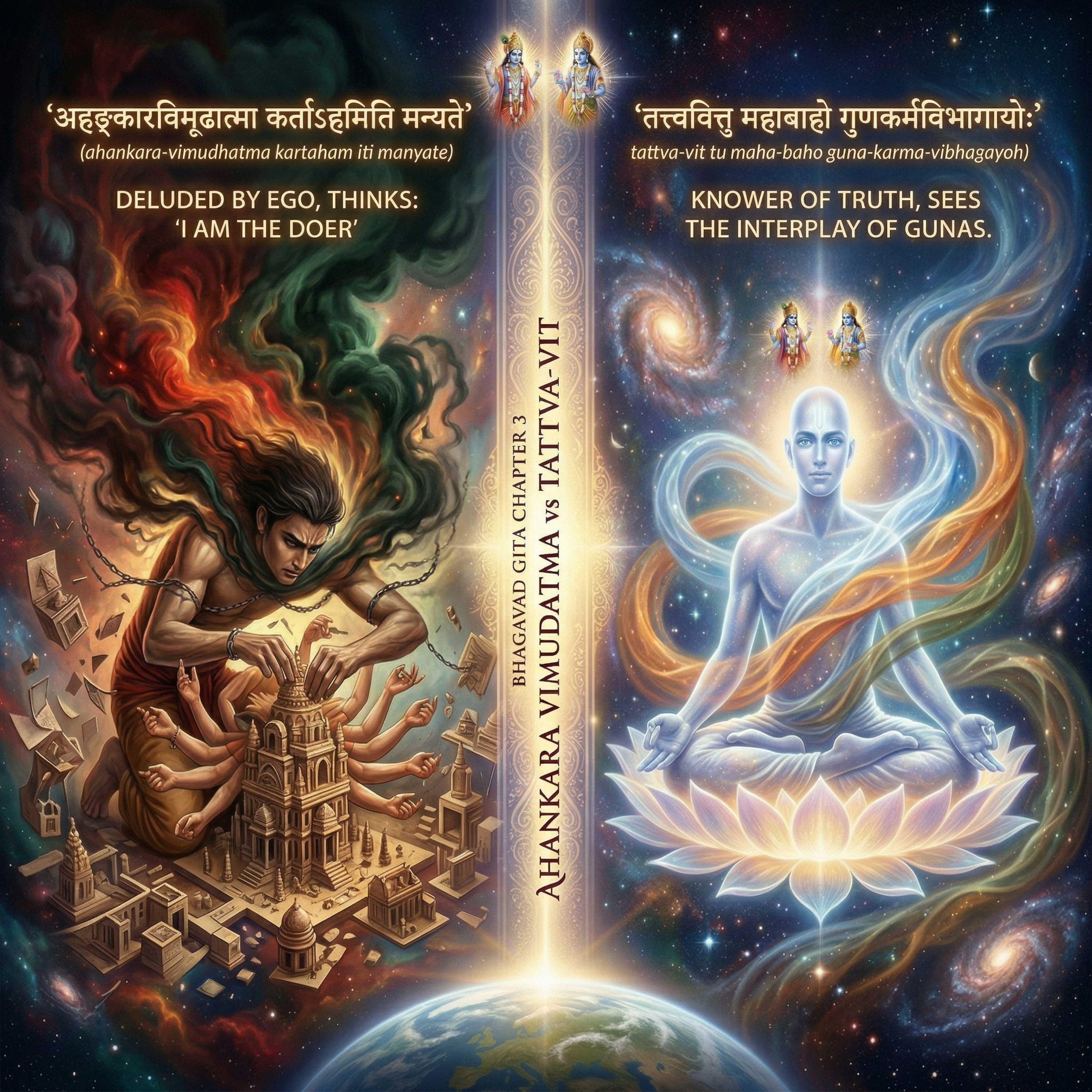 Pragmatic Gita: Chapter 3: Life-Changing Insights on tattva-vit vs ahankara vimudatma [3.24 to 3.28]