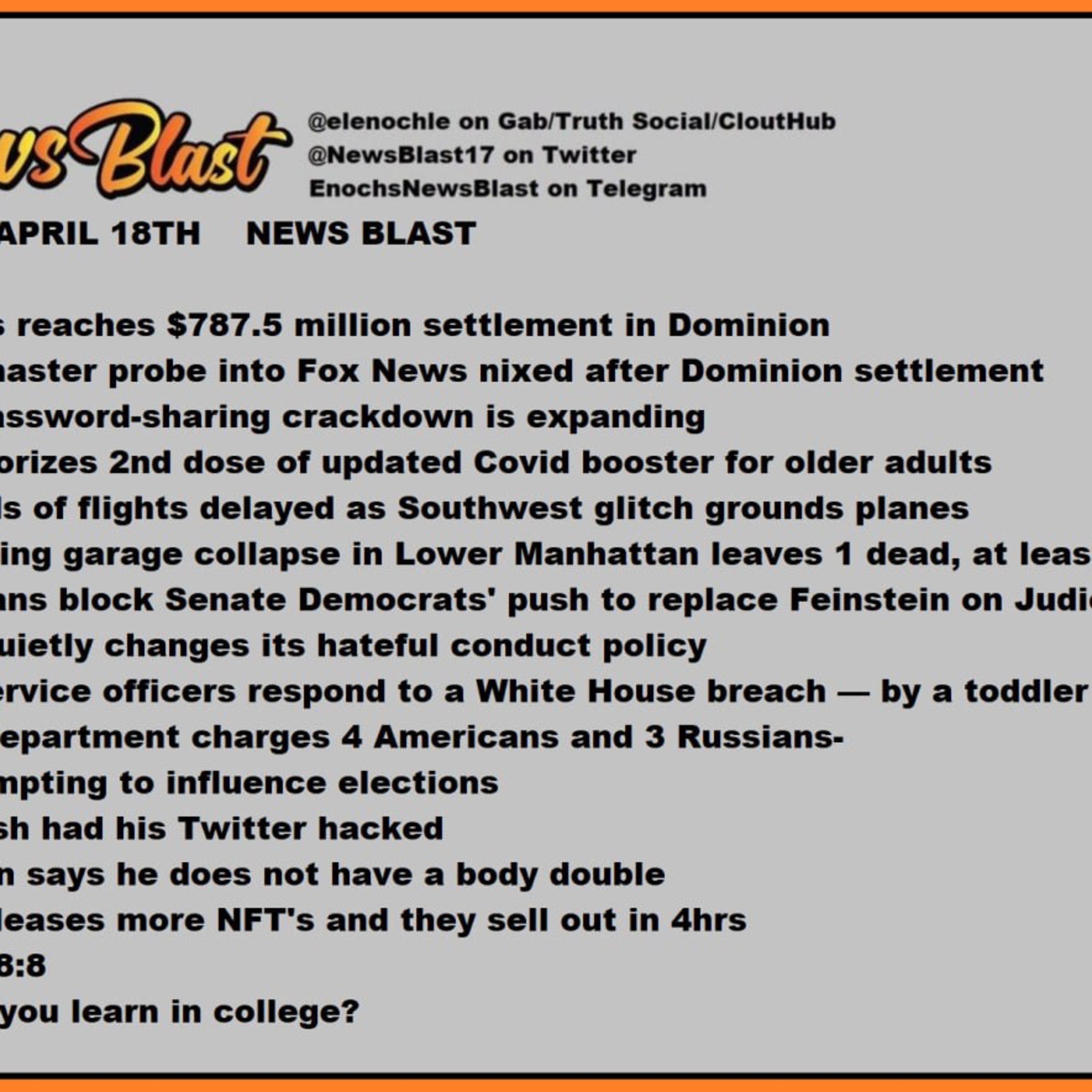 Tuesday Aoril 18, 2023. News Blast.  episode artwork
