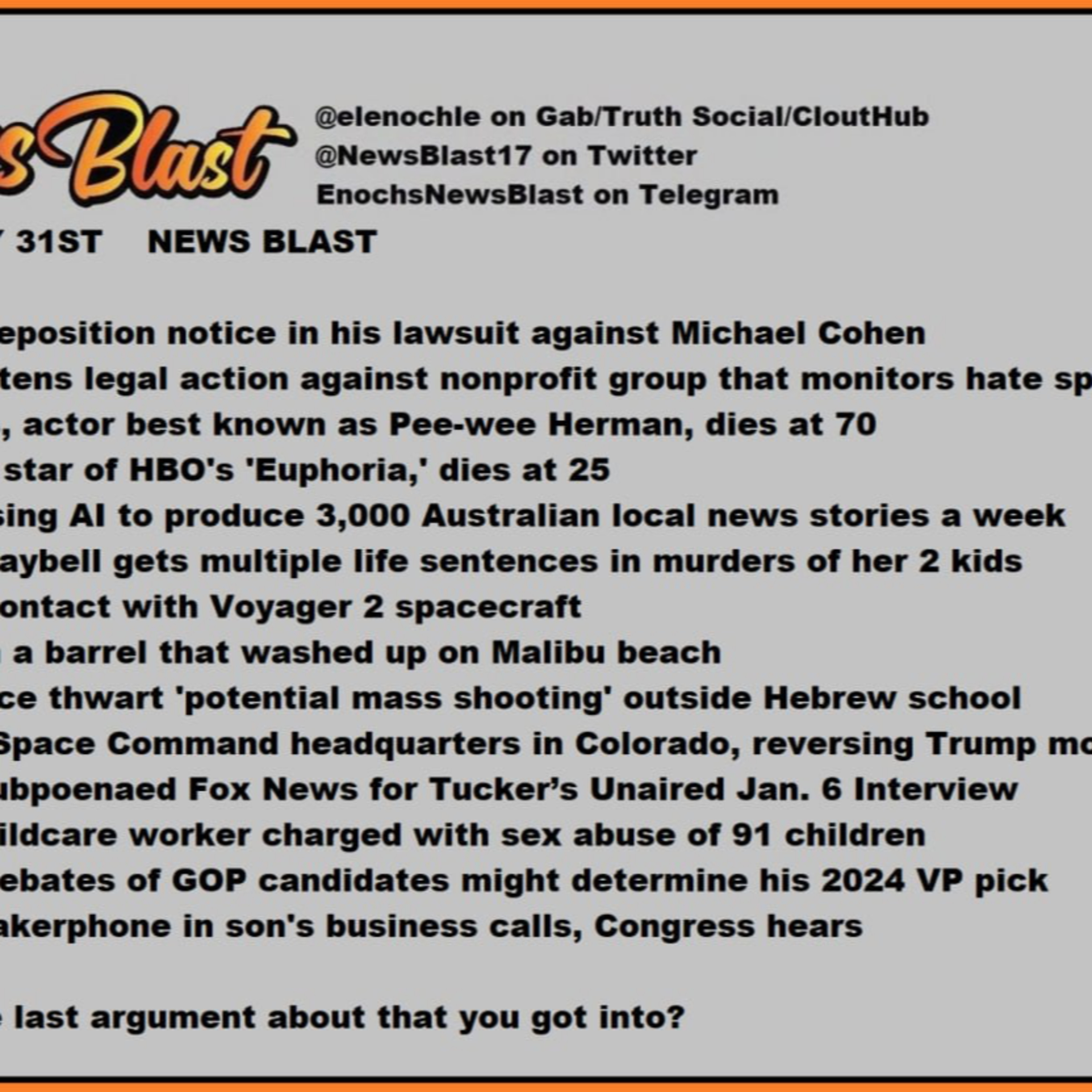 Monday, July 31, 2023 News Blast.  episode artwork