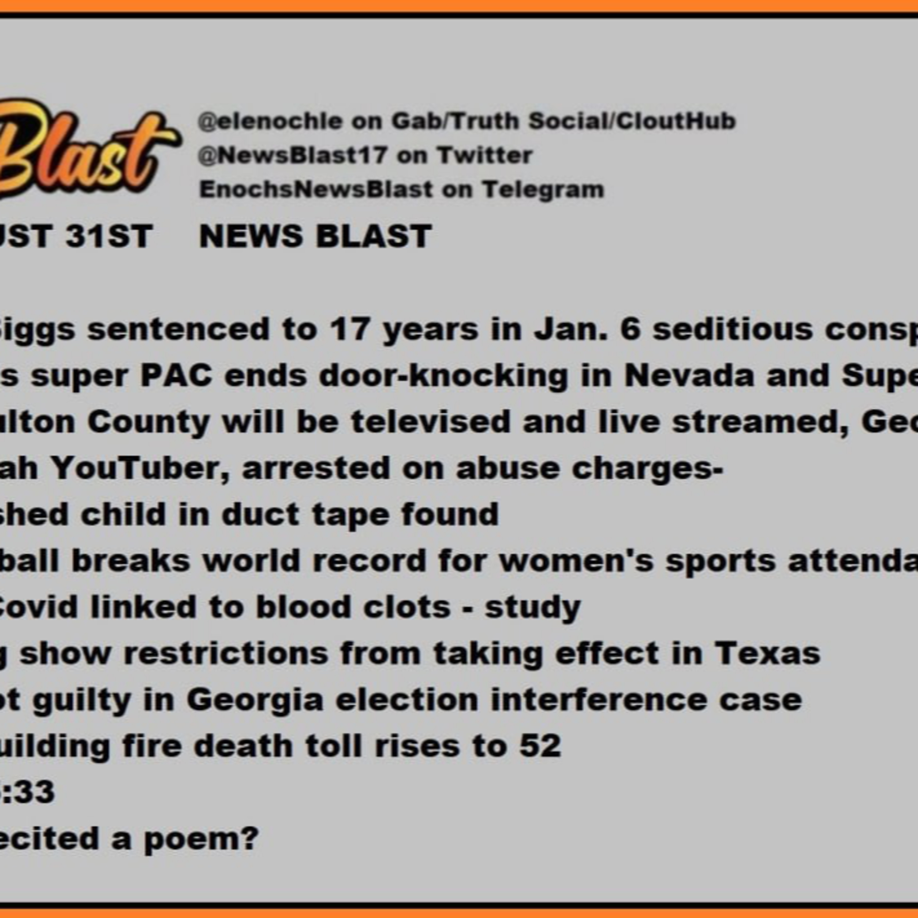 Thursday, August 31, 2023 News Blast episode artwork