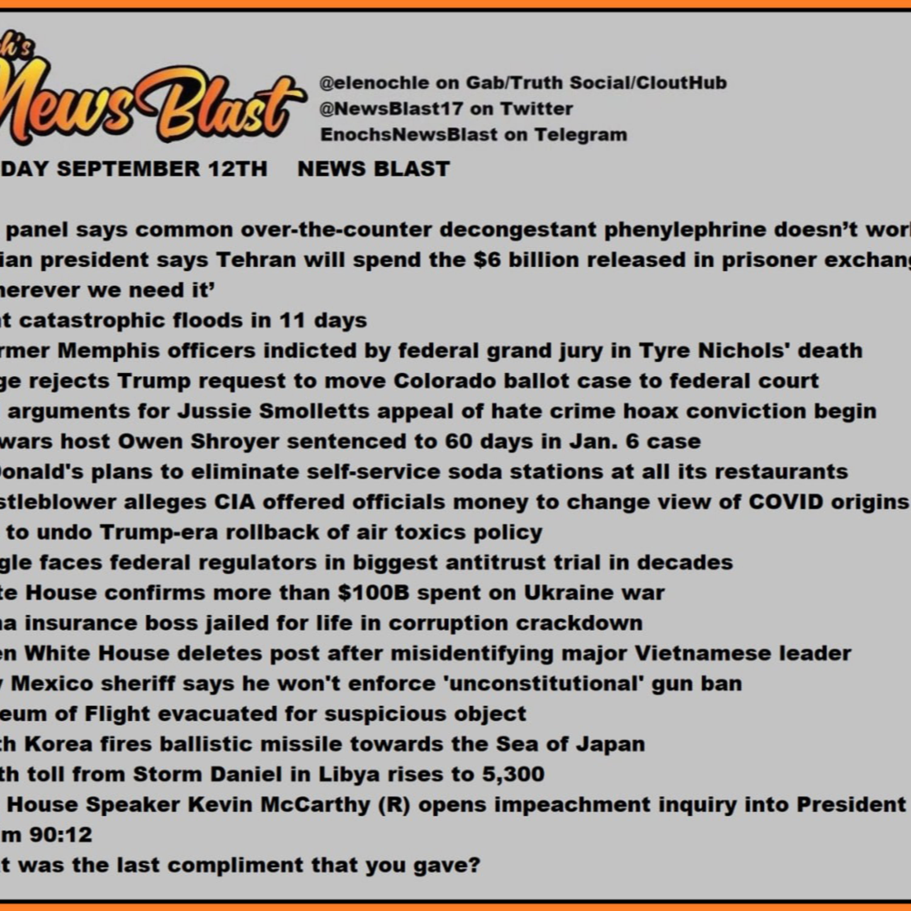 Tuesday, September 12, 2023 News Blast episode artwork