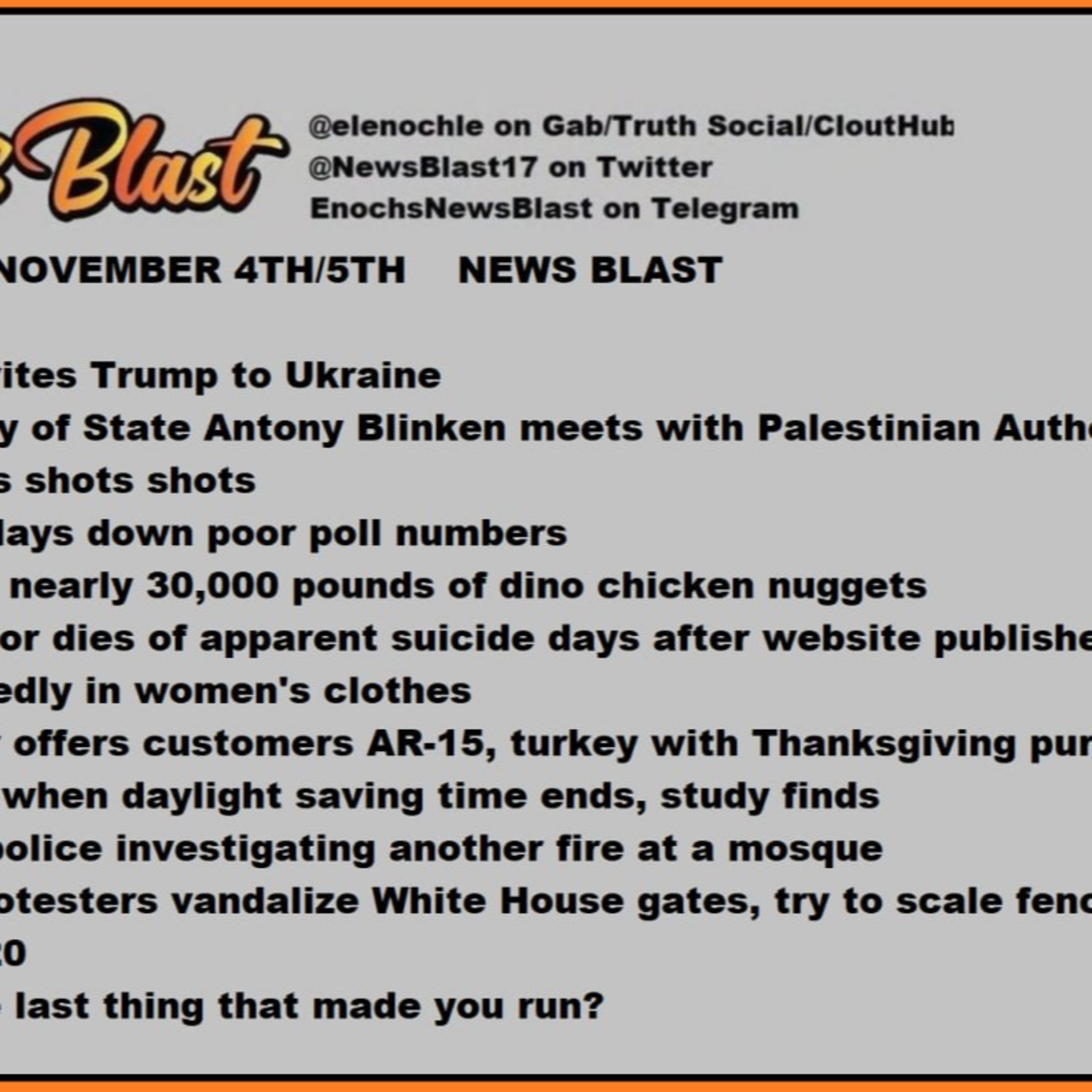 Weekend of November 4/5, 2023 News Blast.  episode artwork