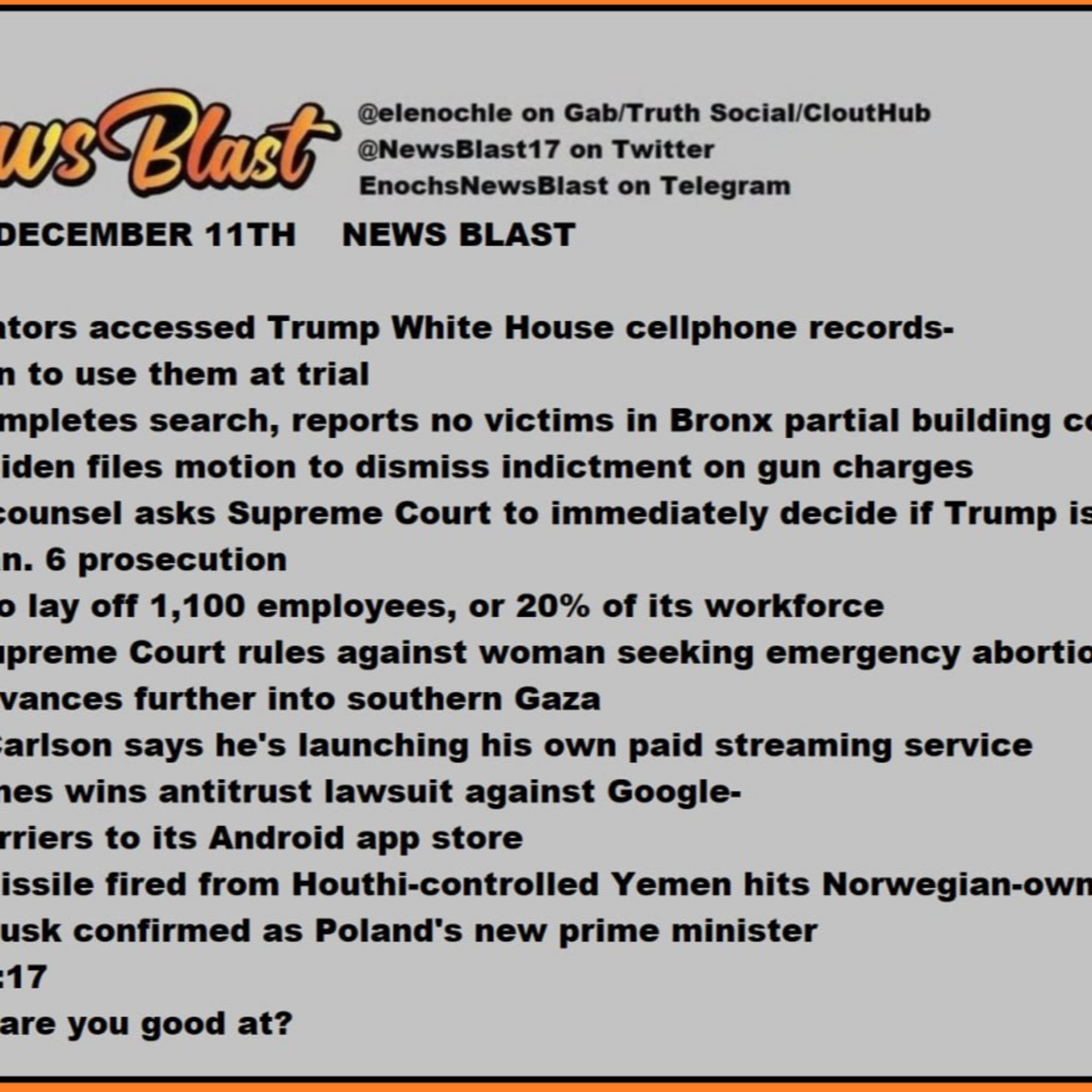 Monday, December 11, 2023 News Blast episode artwork
