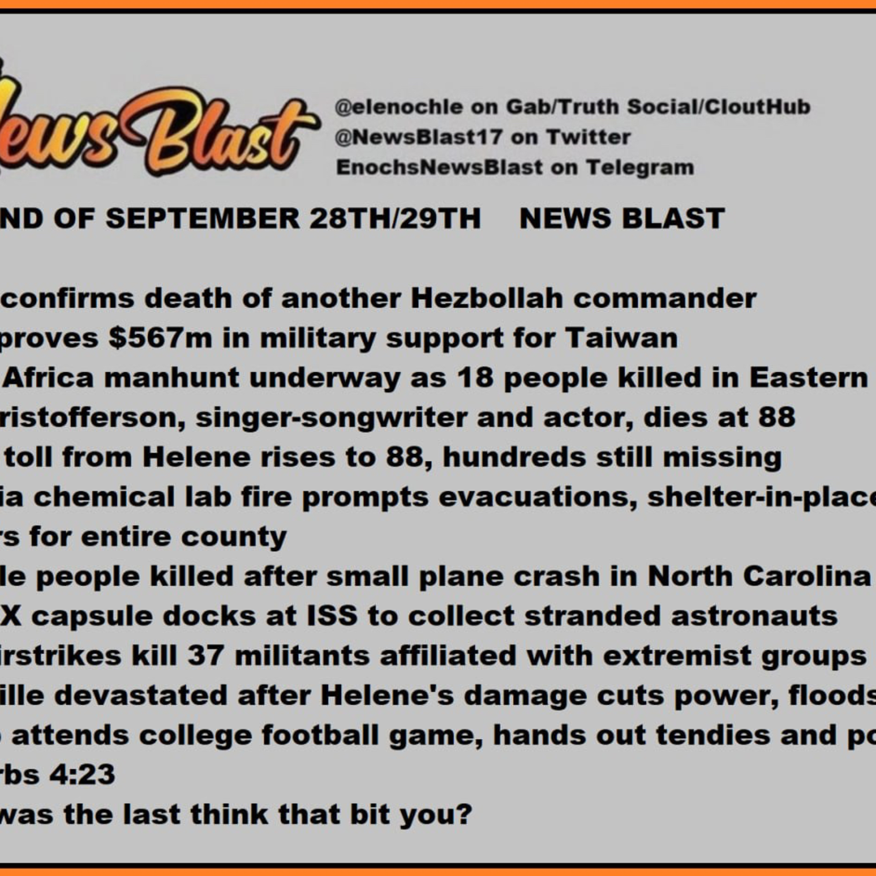 Weekend of September 28/29, 2024 News Blast 
