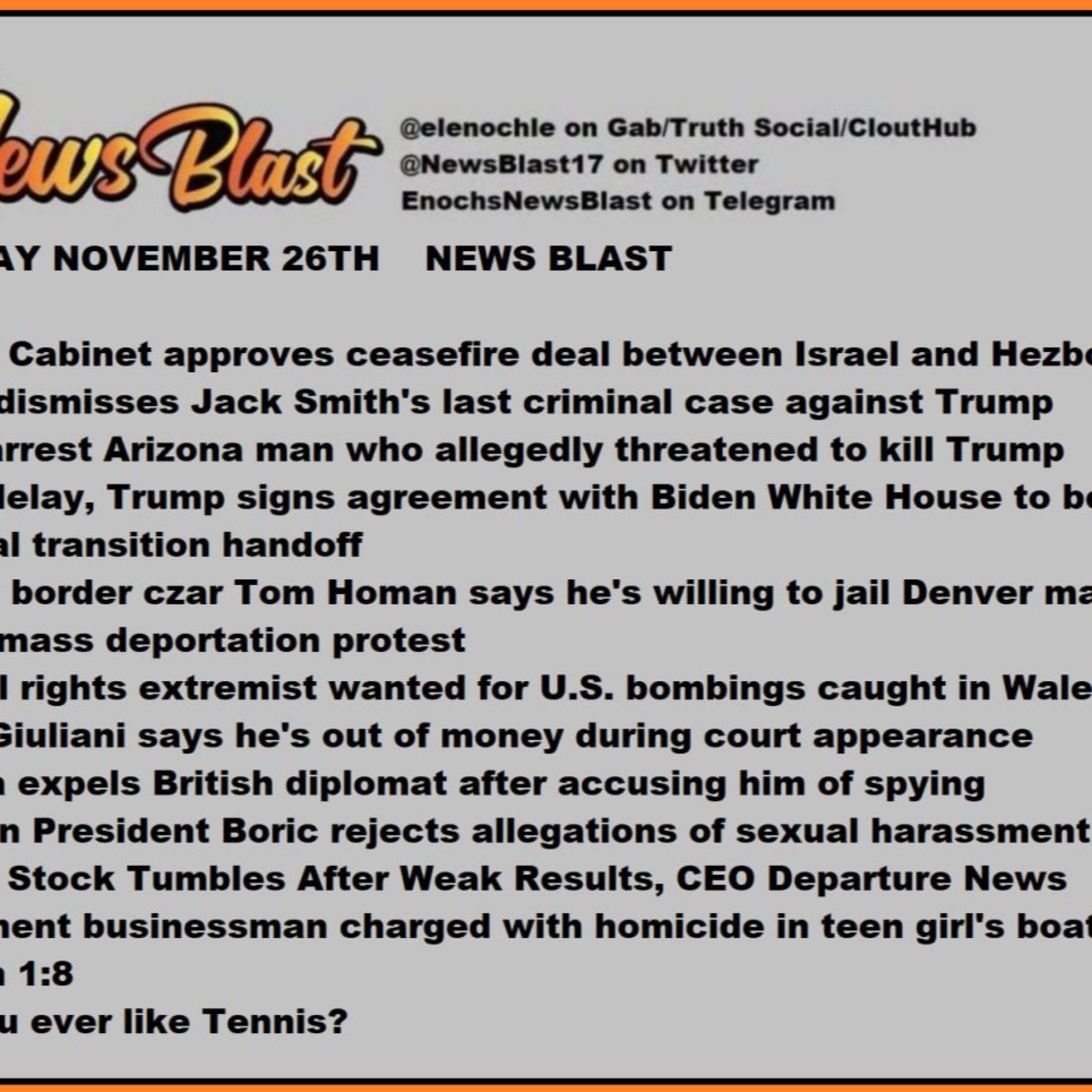 Tuesday, November 26, 2024 for News Blast episode artwork