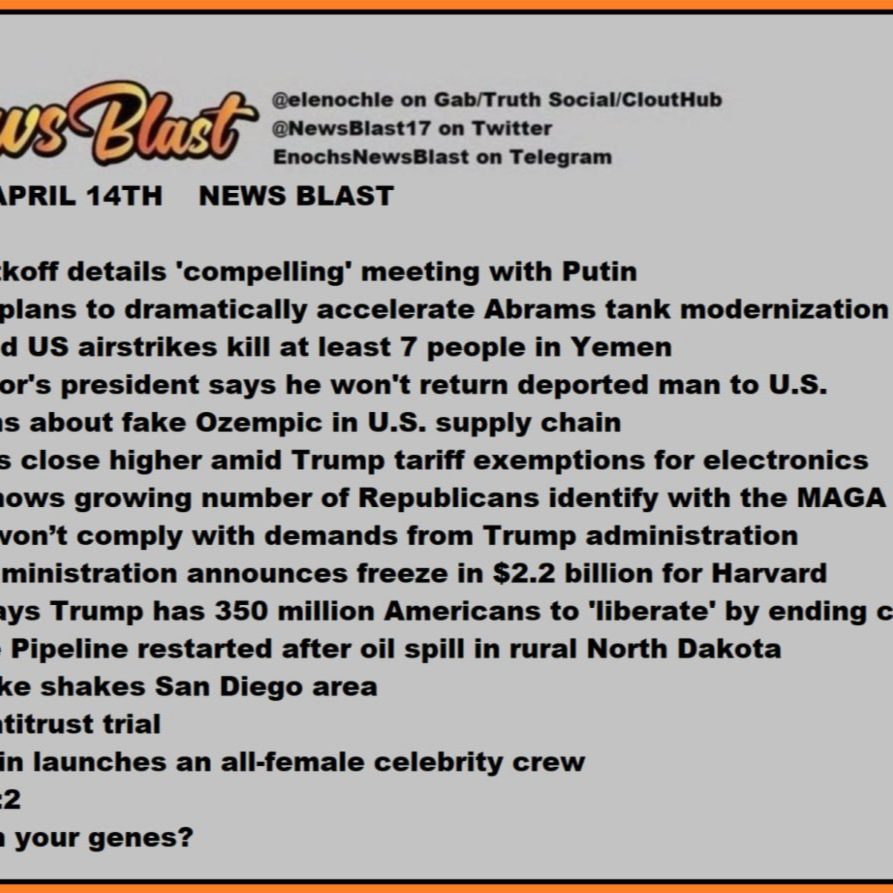 Monday April 14, 2025. News Blast episode artwork