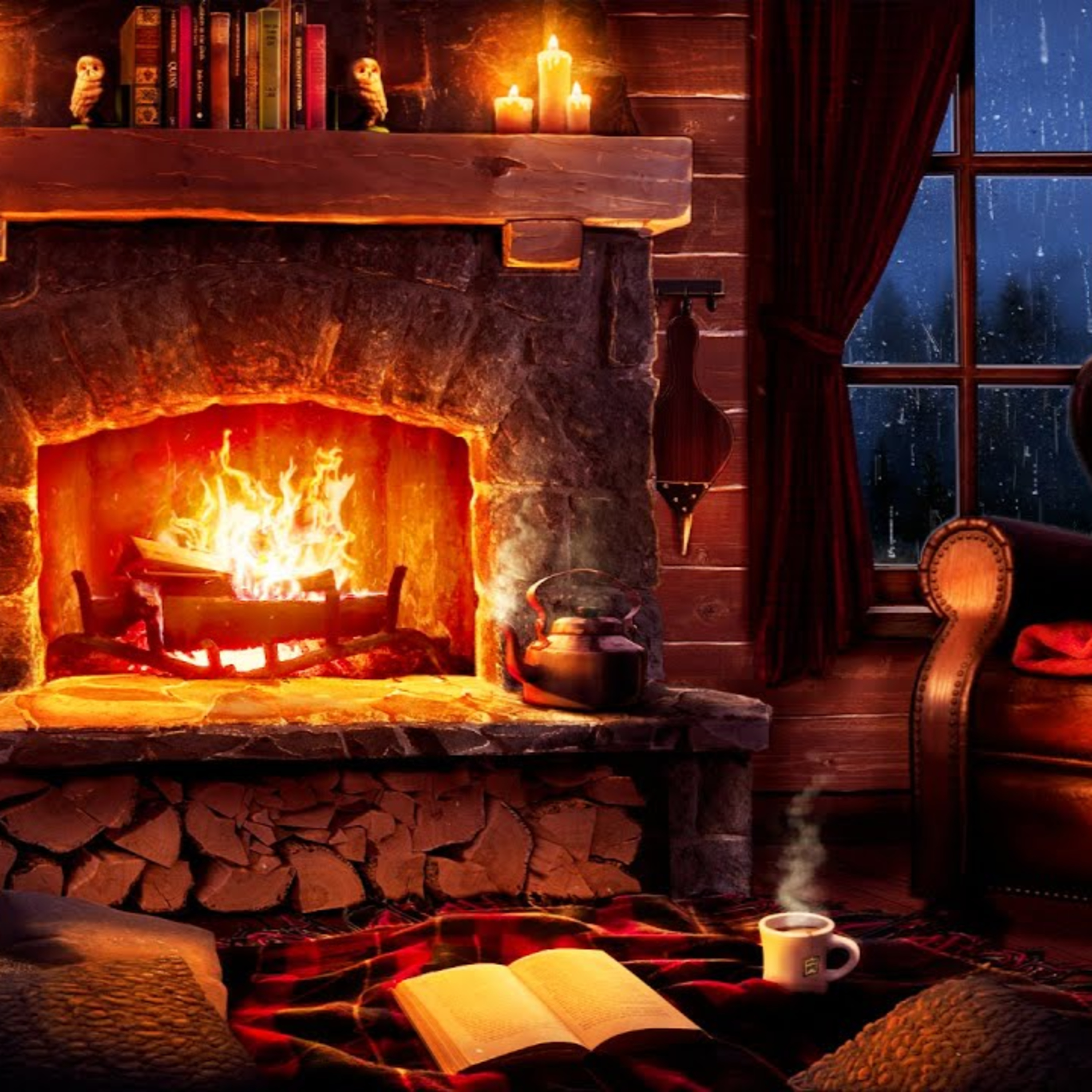 Crackling Fireplace and Rain Sounds At Night 8 Hours  episode artwork