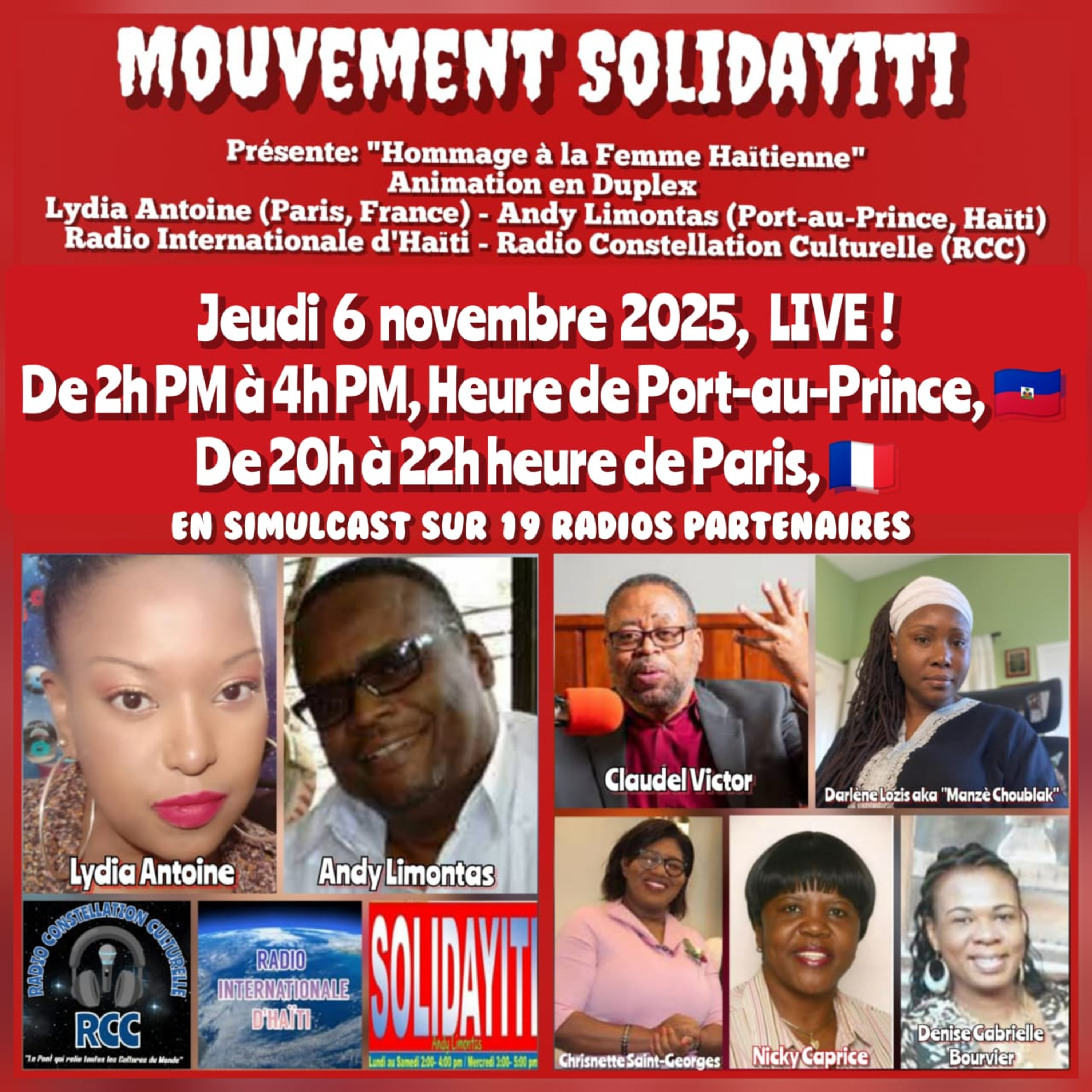 SOLIDAYITI – ANDY LIMONTAS – CHRISNETTE SAINT-GEORGES - 'DGB SHOW' DENISE GABRIELLE BOURVIER - CLAUDEL VICTOR – LYDIA ANTOINE - NICKY CAPRICE – MANZE CHOUBLAK - JEUDI 6 NOVEMBRE 2025