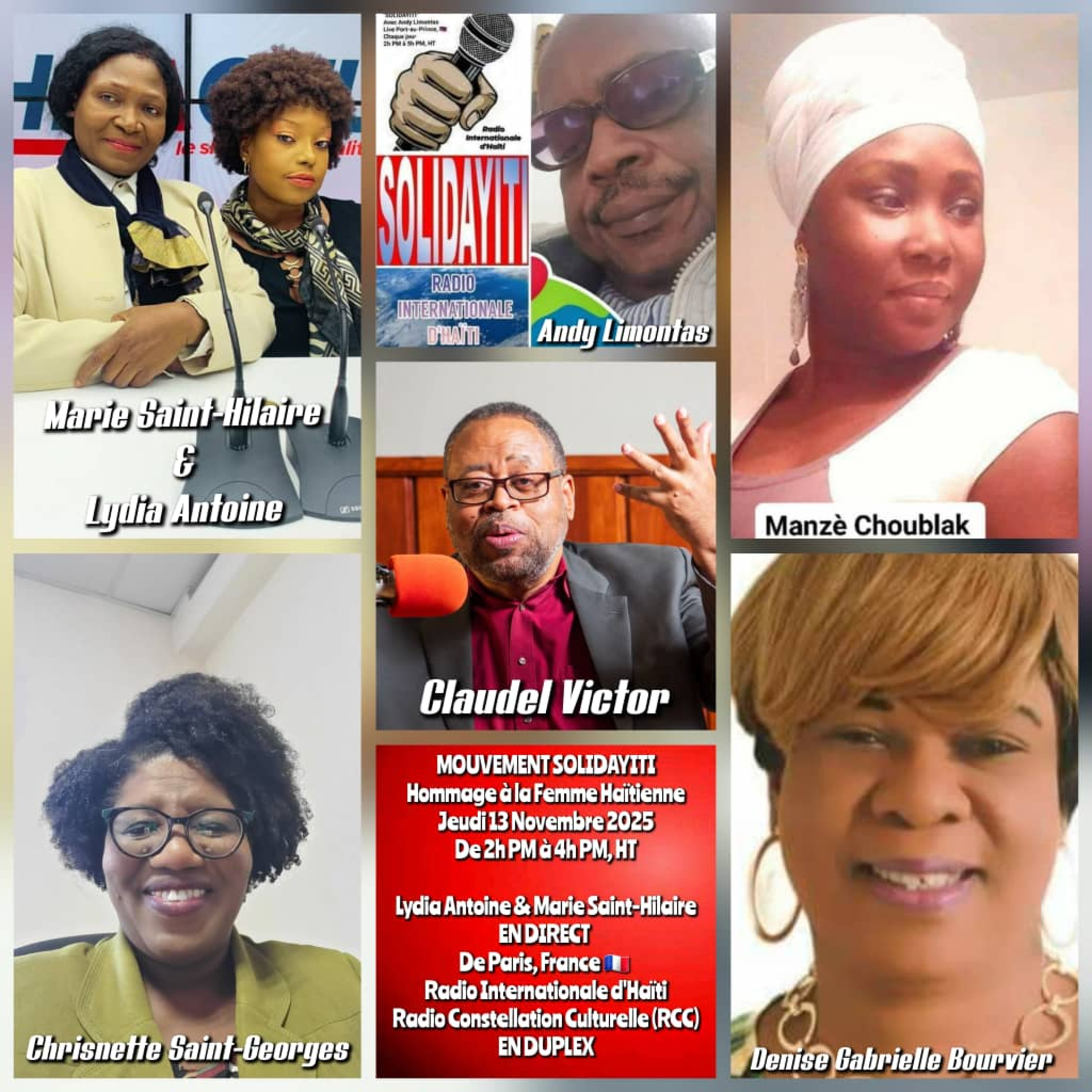 SOLIDAYITI – ANDY LIMONTAS – LYDIA ANTOINE - MARIE-LOUISE PIARD – CHRISNETTE SAINT-GEORGES - DENISE GABRIELLE BOURVIER - CLAUDEL VICTOR – NICKY CAPRICE - MANZE CHOUBLAK - JEUDI 4 DECEMBRE 2025