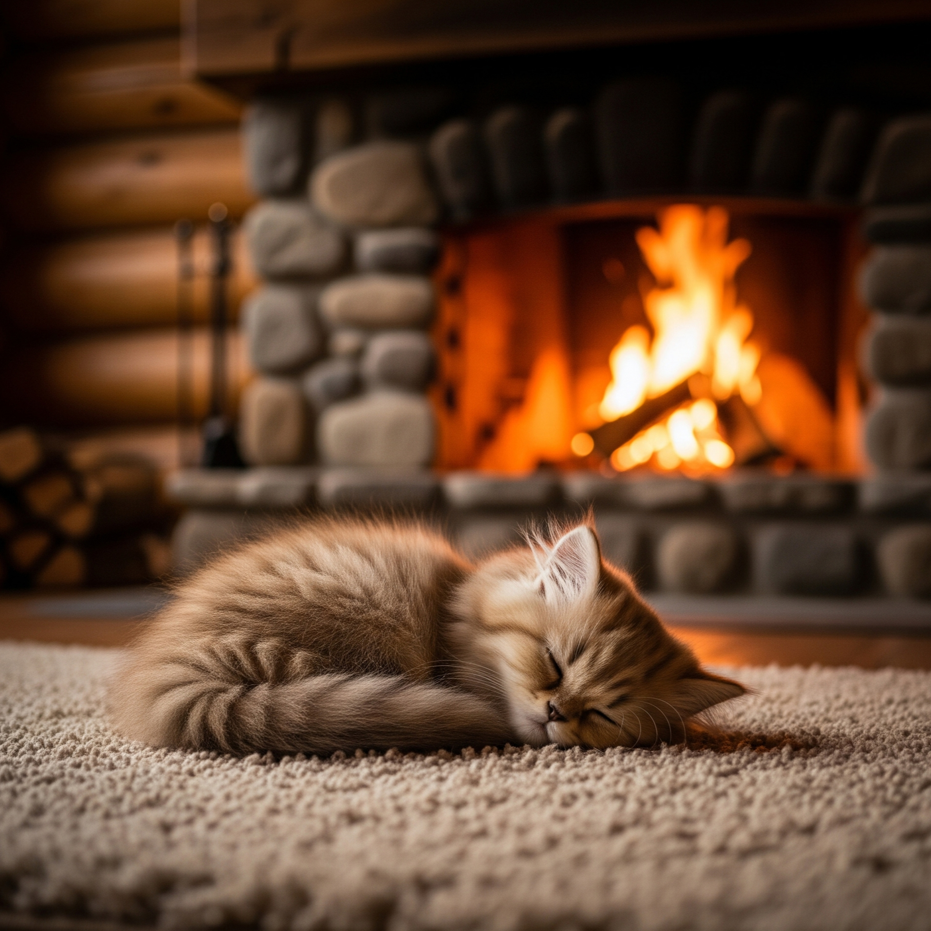 Sleeping Kitten & Cozy Fireplace - Gentle Ambiance for Relaxation & Stress Relief