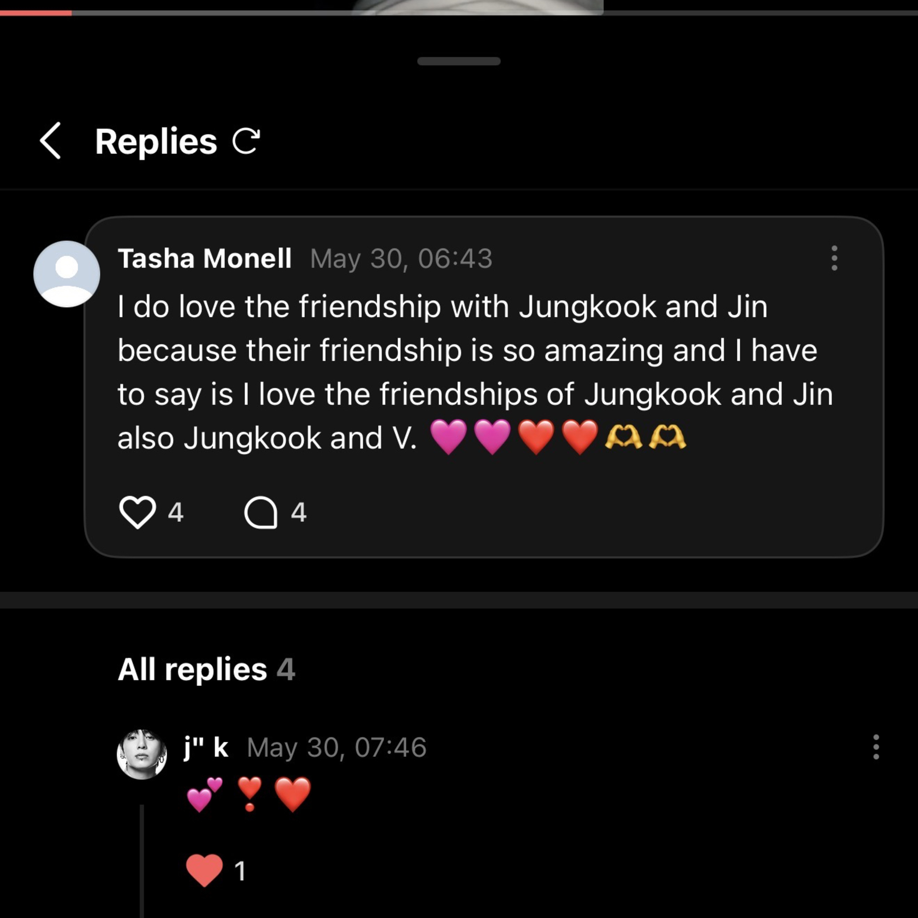 I actually got more Weaverse reply comments back from BTS members Suga, Jungkook, Jimin and J-hope