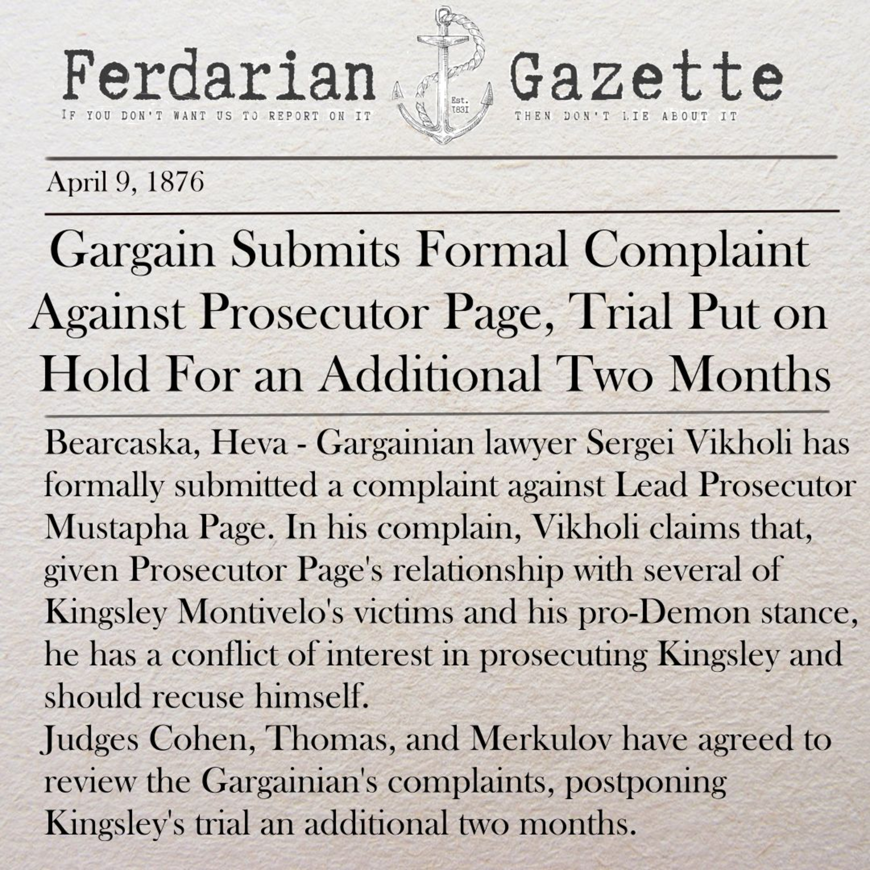 Episode 6 - Gargain Submits Formal Complaint against Prosecutor Page, Trial Put on Hold For an Additional Two Months episode artwork