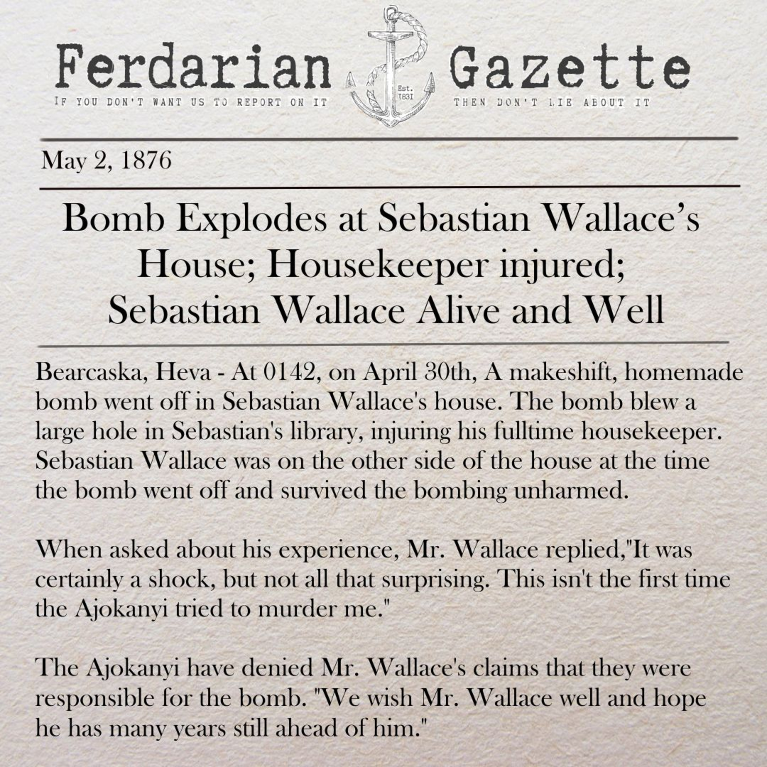 Episode 8 - Bomb Explodes at Sebastian Wallace’s House; Housekeeper injured; Sebastian Wallace Alive and Well episode artwork