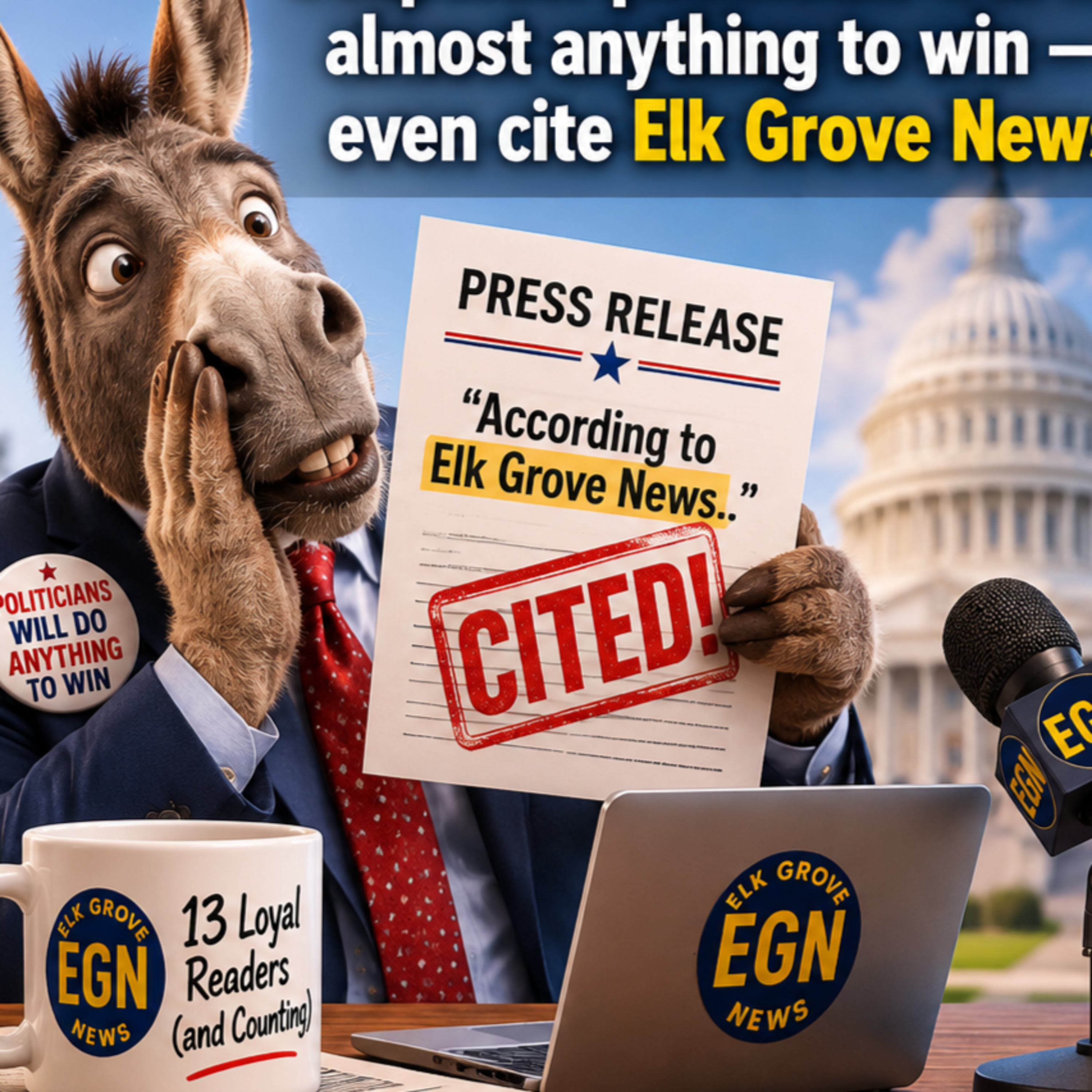 Desperate politicians will do almost anything to win — even cite Elk Grove News episode artwork