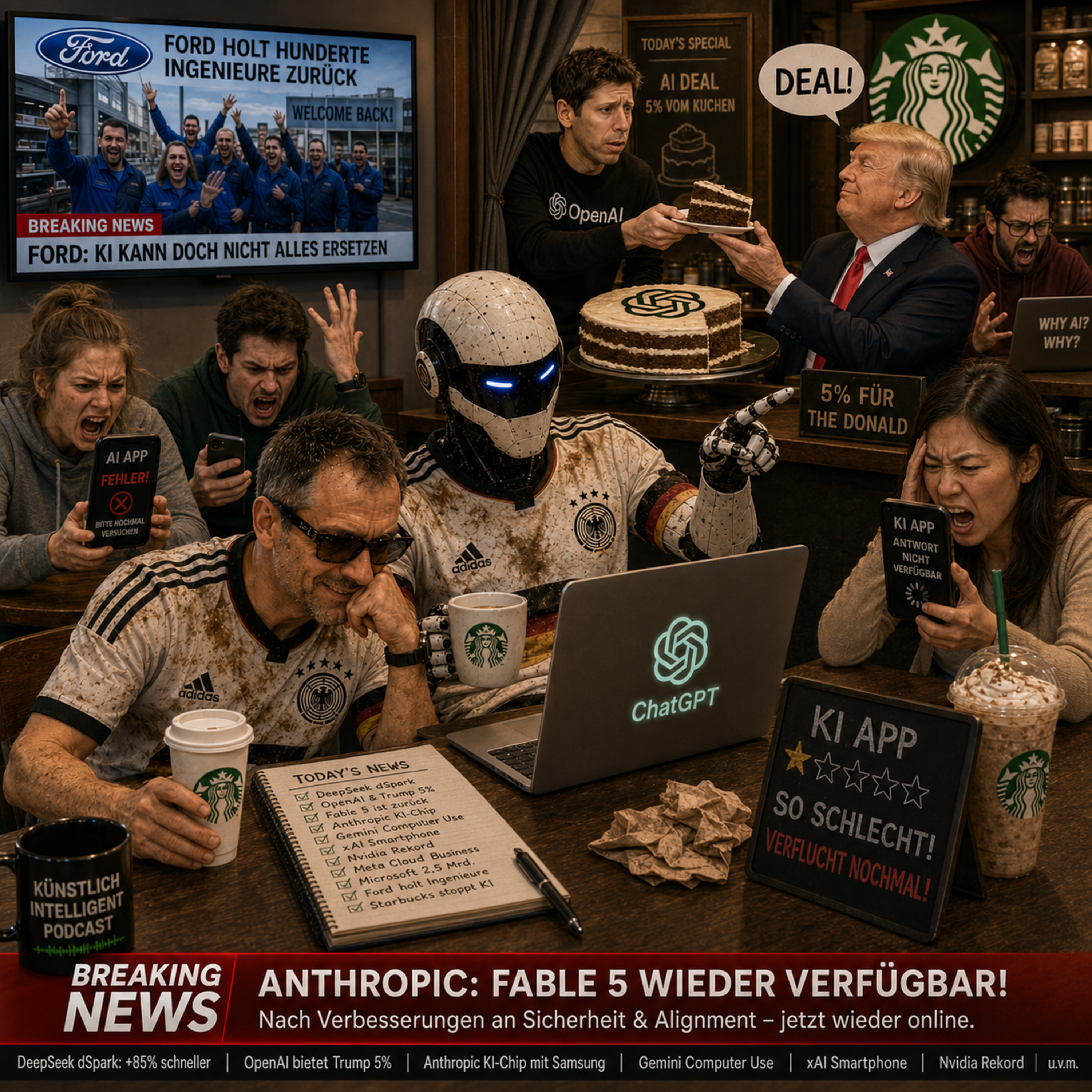 OpenAI bietet Trump 5 % | Fable 5 ist zurück | Googles Gemini Computer Use | SpaceX plant KI-Smartphone | Ford holt Mitarbeiter/innen zurück, die durch KI ersetzt wurden | Starbucks entfernt KI-App