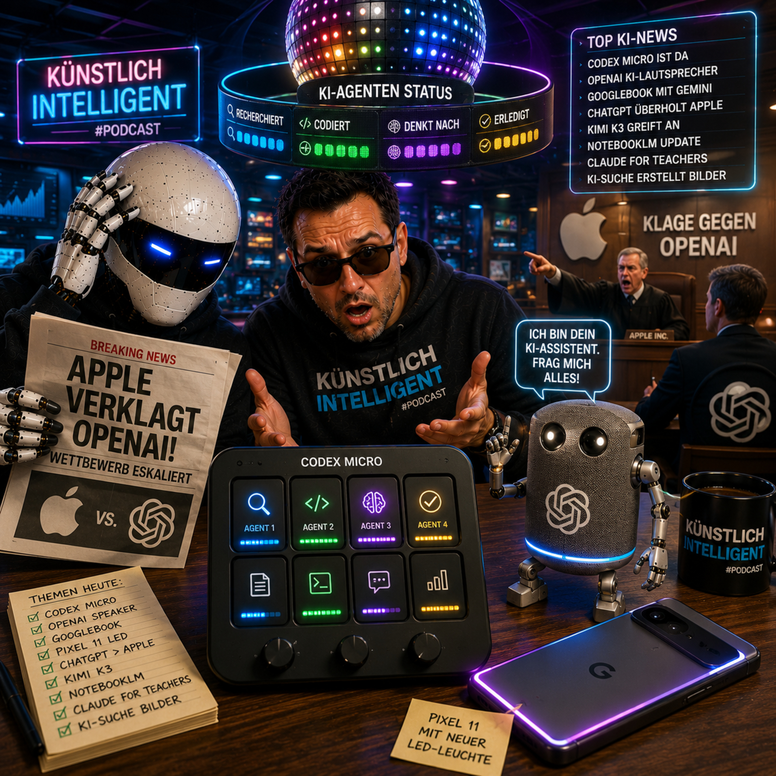 OpenAIs KI Hardware Codex Micro ist da | OpenAIs KI-Lautsprecher | Google Pixel 11 mit LED KI Agenten Anzeige | Googlebook mit Gemini Intelligence | Apple verklagt OpenAI | Kimi K3 greift an episode artwork