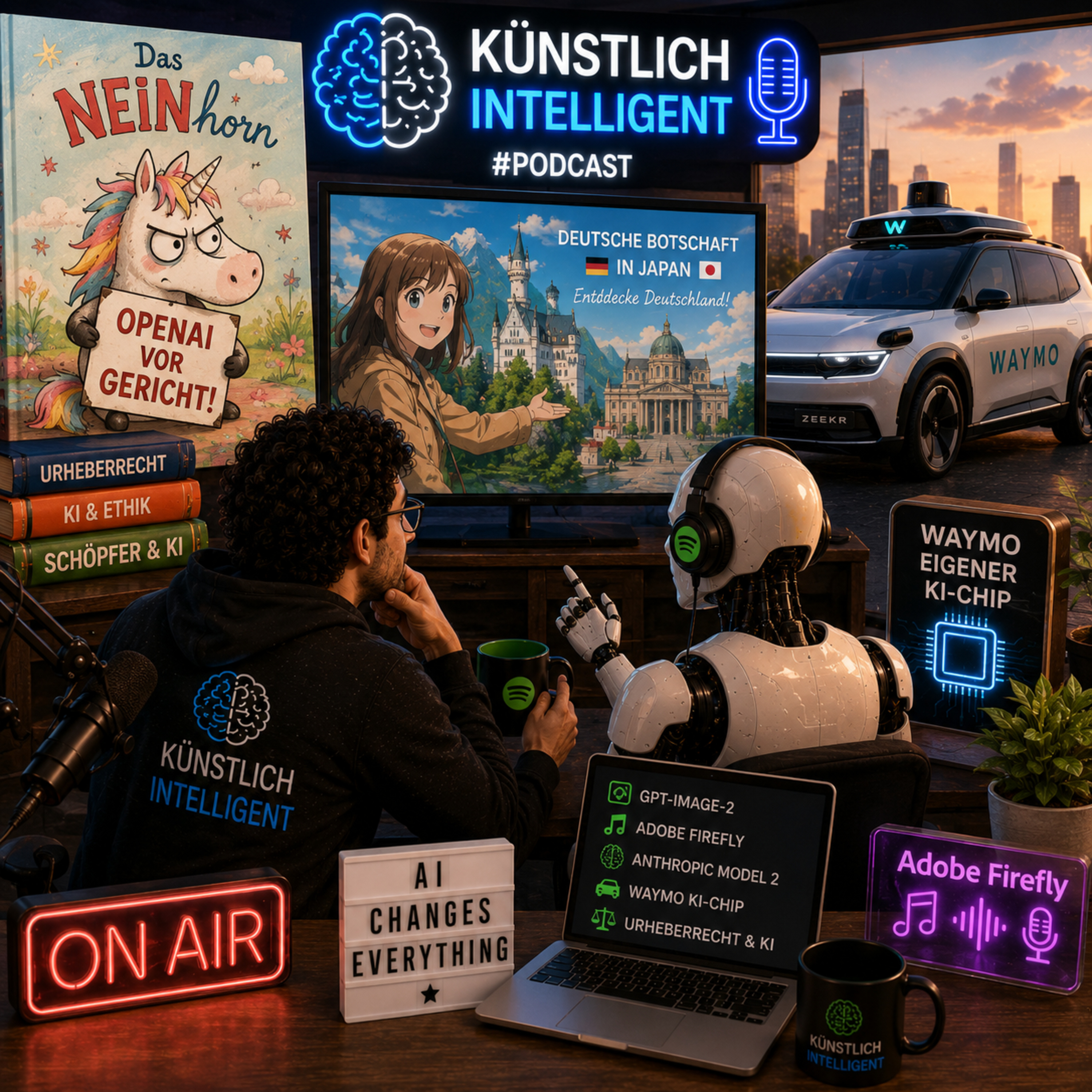 NEINhorn 🦄 bringt OpenAI vor Gericht | GPT-Image-2 wird flexibler | Deutsche Botschaft mit KI-Anime | Anthropic testet Claude 2 | Waymo baut eigenen KI-Chip für chinesische Zeekr Autos