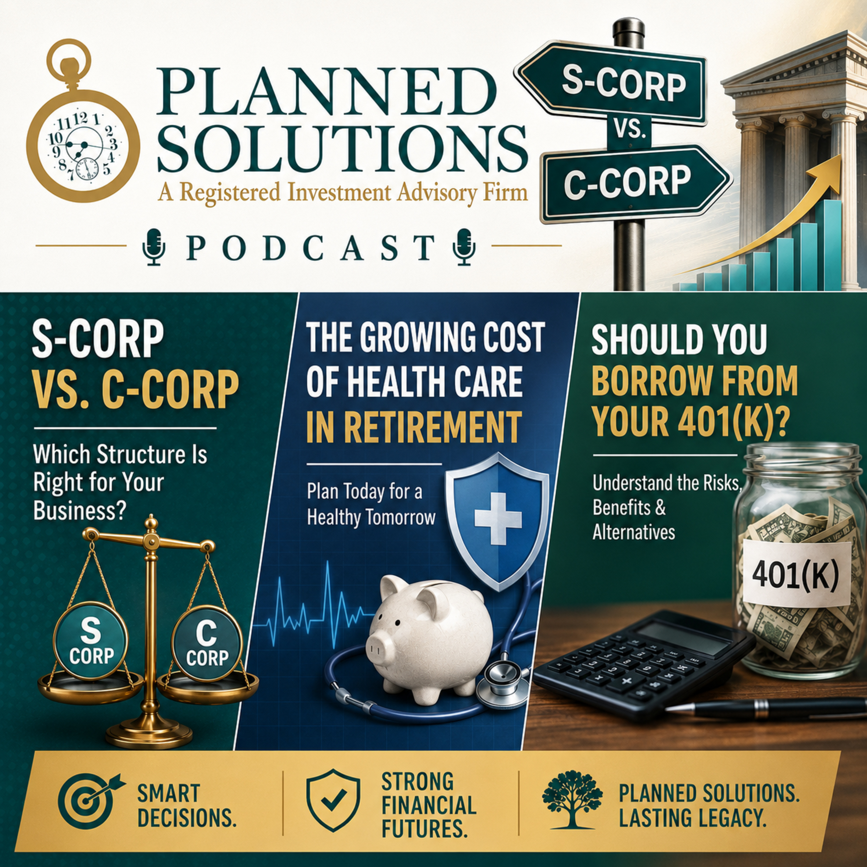 Choosing between an S-Corp and a C-Corp, The Growing Cost of Health Care in Retirement & Should You Borrow from Your 401(k)? episode artwork
